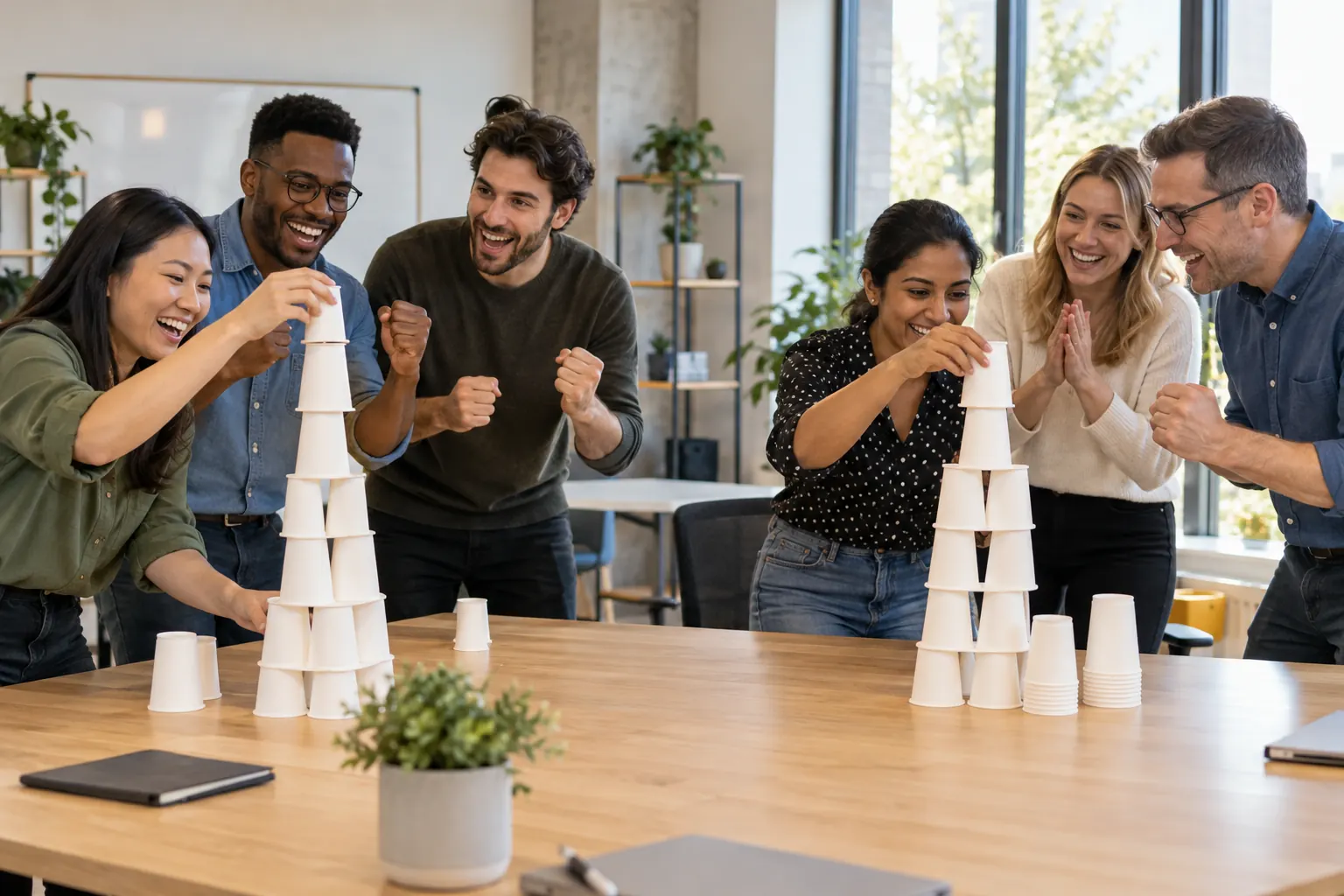 Two small teams of coworkers cheer as they race to stack paper cups into towers on a table.