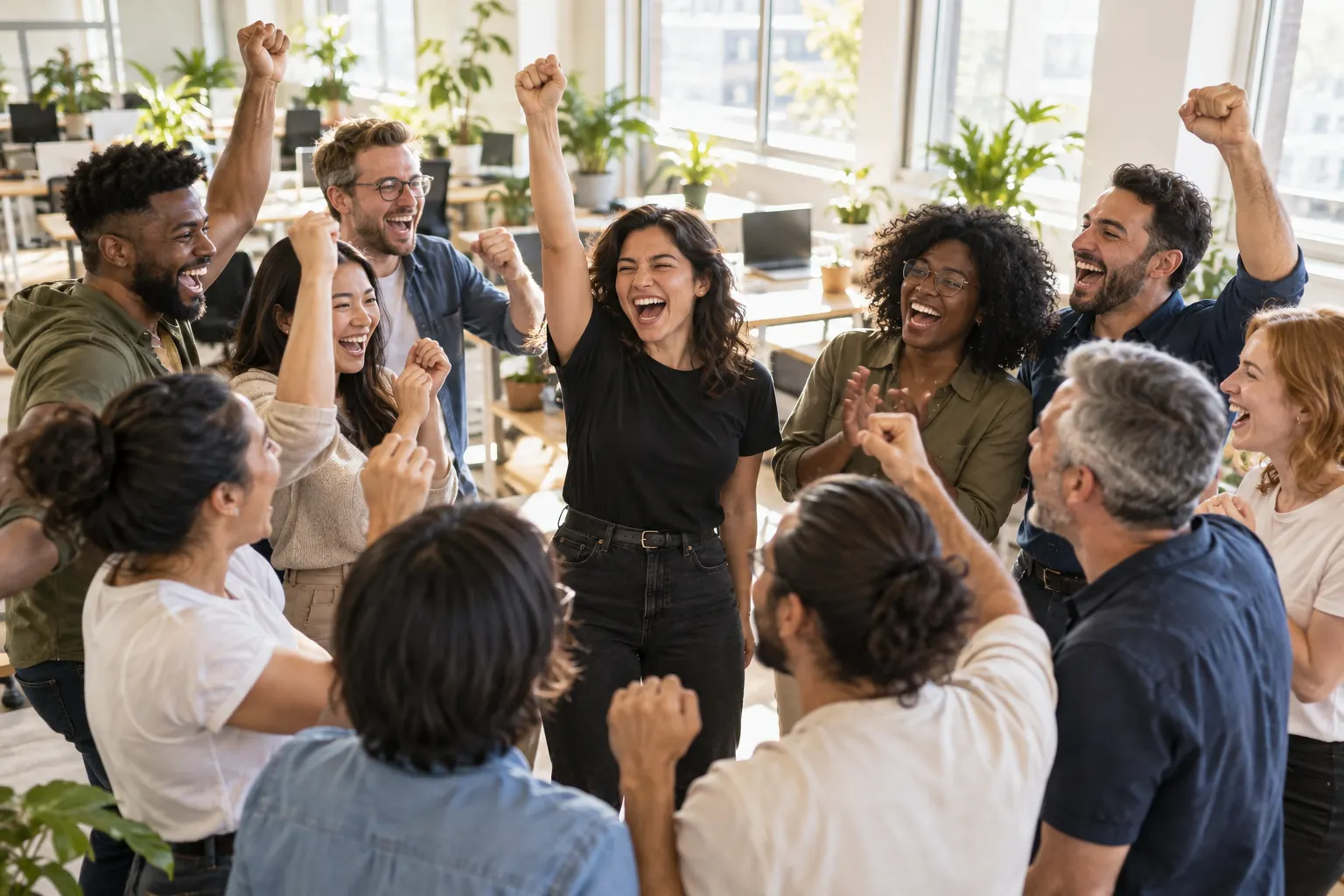 A group of coworkers huddle in a bright office and cheer together with arms raised while one colleague leads the call