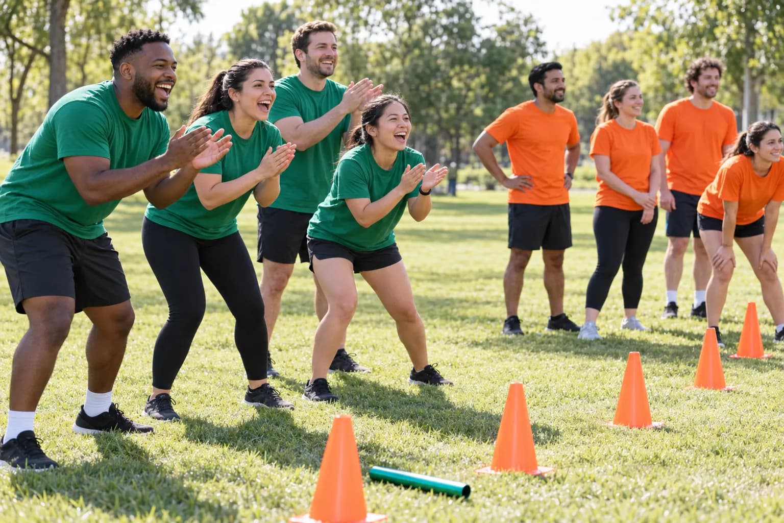 Coworkers in green t-shirts clap and cheer beside orange cones on a park lawn while a team in orange looks on at a company field day