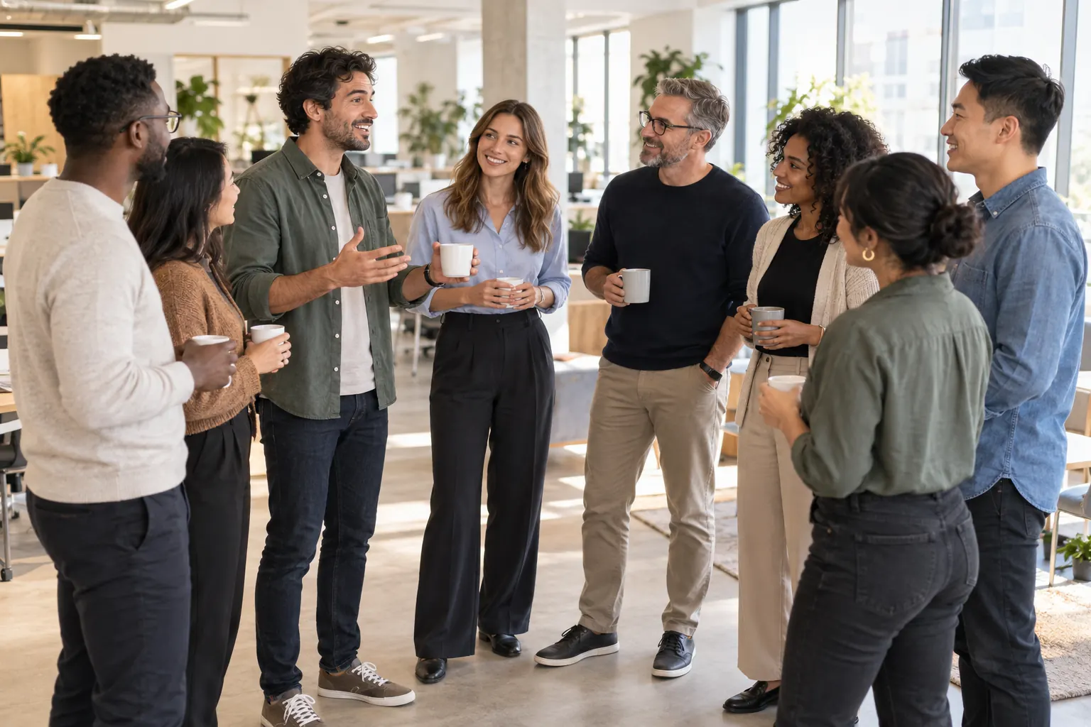 Eight coworkers holding coffee cups stand in a loose circle in an open office while one speaks.