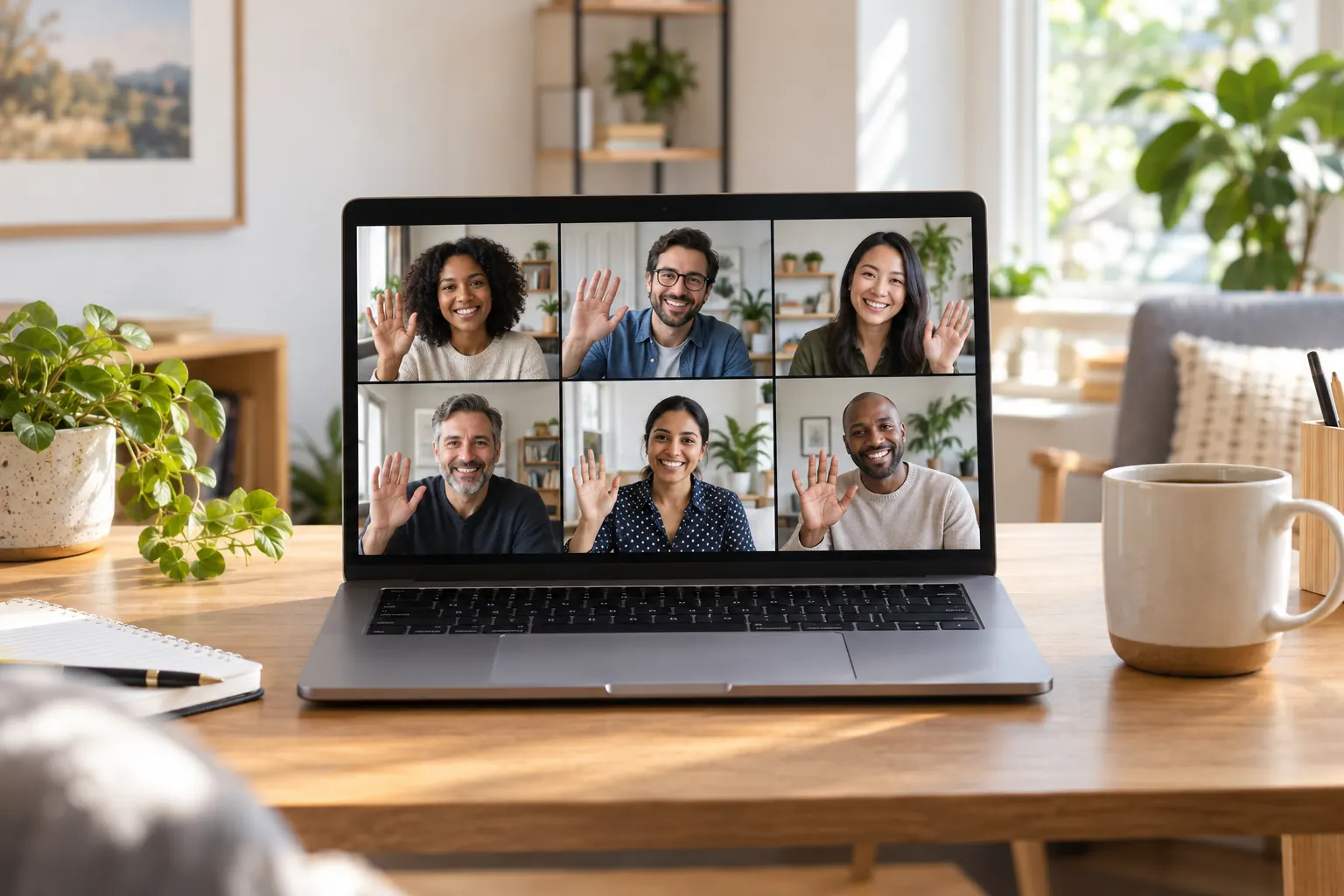 A laptop on a home office desk shows six smiling colleagues waving on a video call.