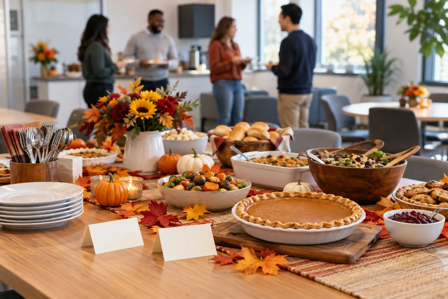 An autumn office potluck table with pumpkins, leaves, pie and blank cards, coworkers chatting behind it.