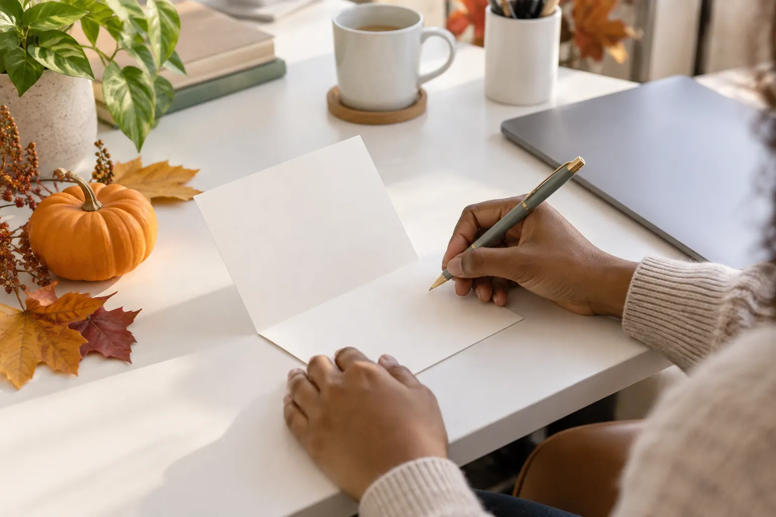 A hand writing a thank-you card on a desk beside a small pumpkin and autumn leaves.