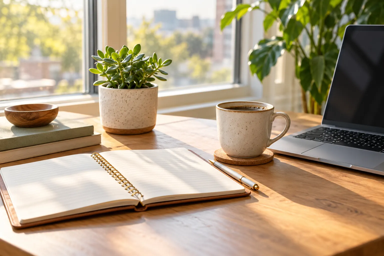 An open notebook, a pen and a cup of coffee on a sunlit wooden desk beside a laptop and a plant.