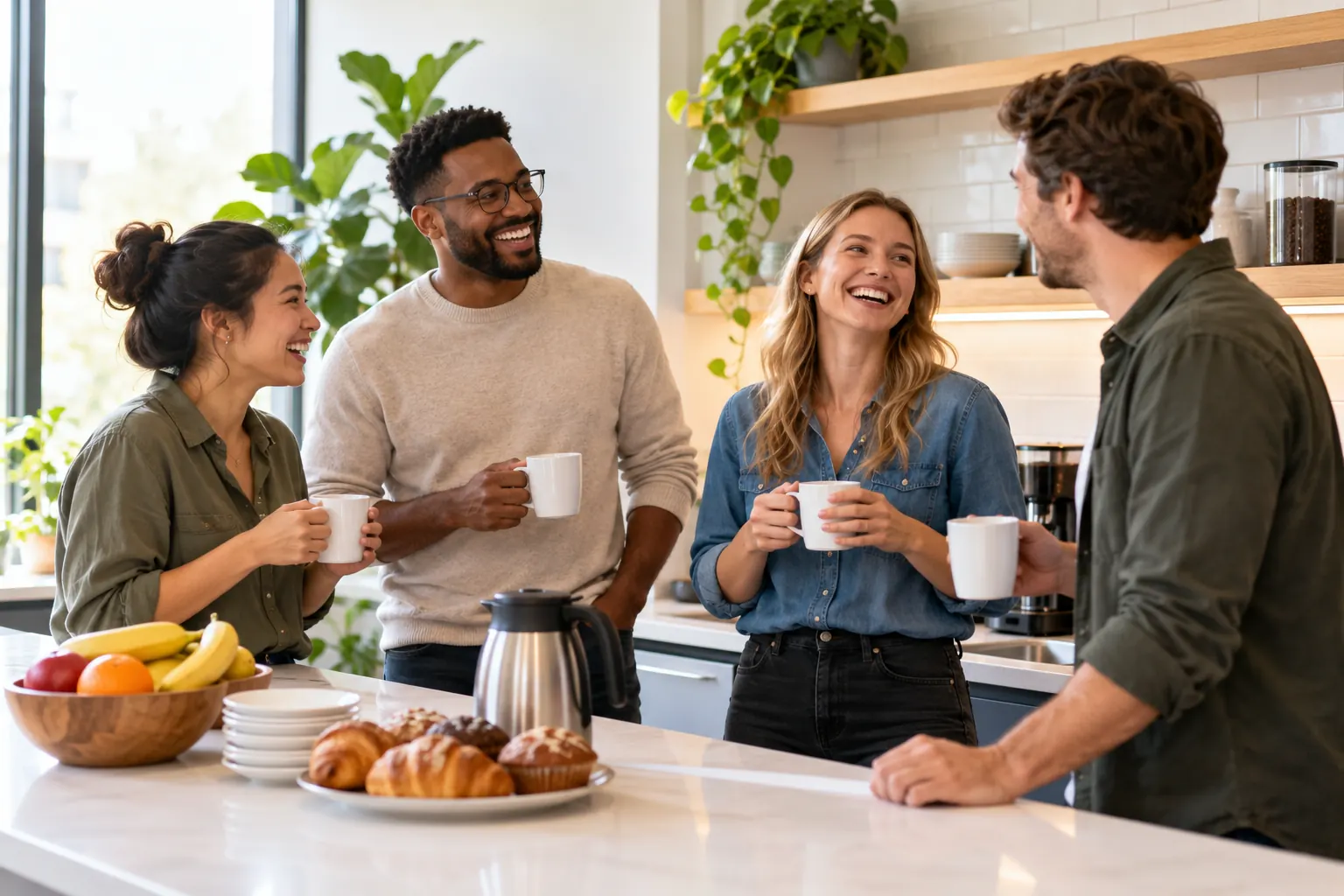 Four coworkers laugh over coffee and pastries at the counter of a bright office kitchen.