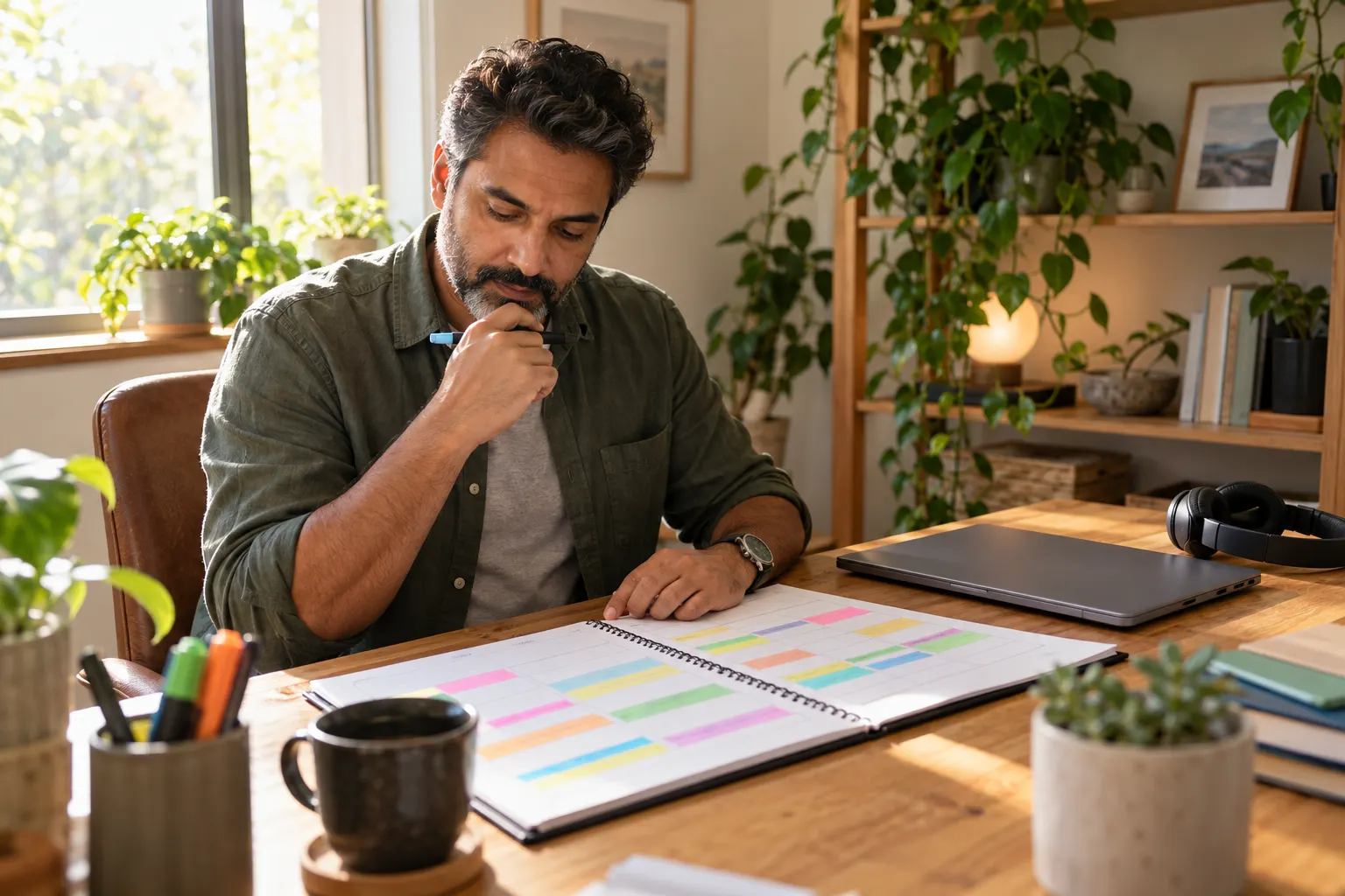 A man reviews a paper planner with colored bands for each part of his day at a home desk