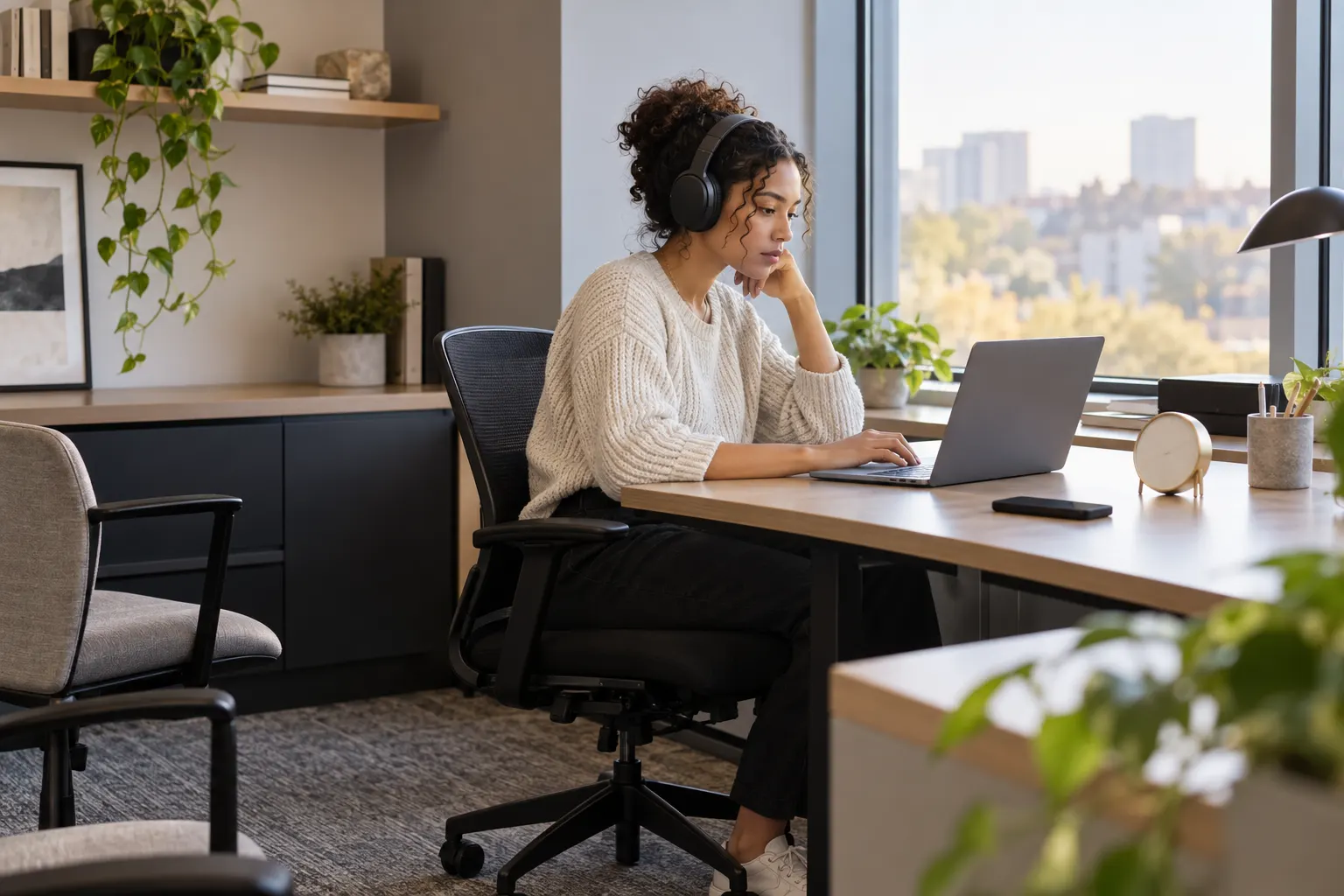 A woman in headphones works on a laptop at a quiet office desk by a window, her phone face down