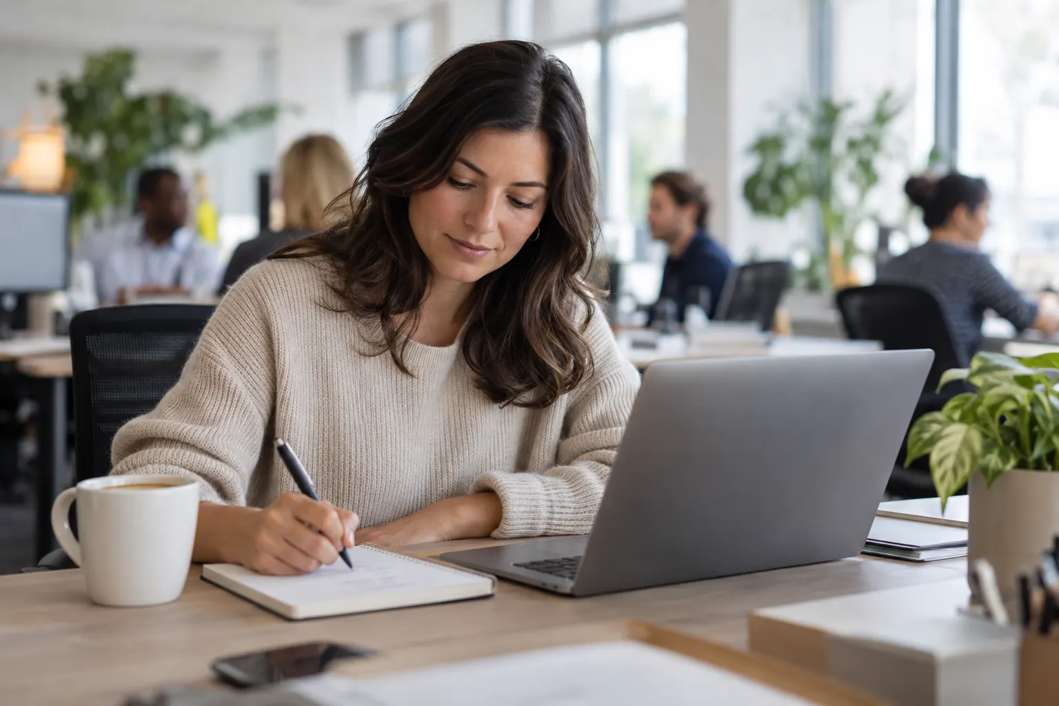 A woman writes in a notebook beside her laptop and coffee at a desk in a busy open office