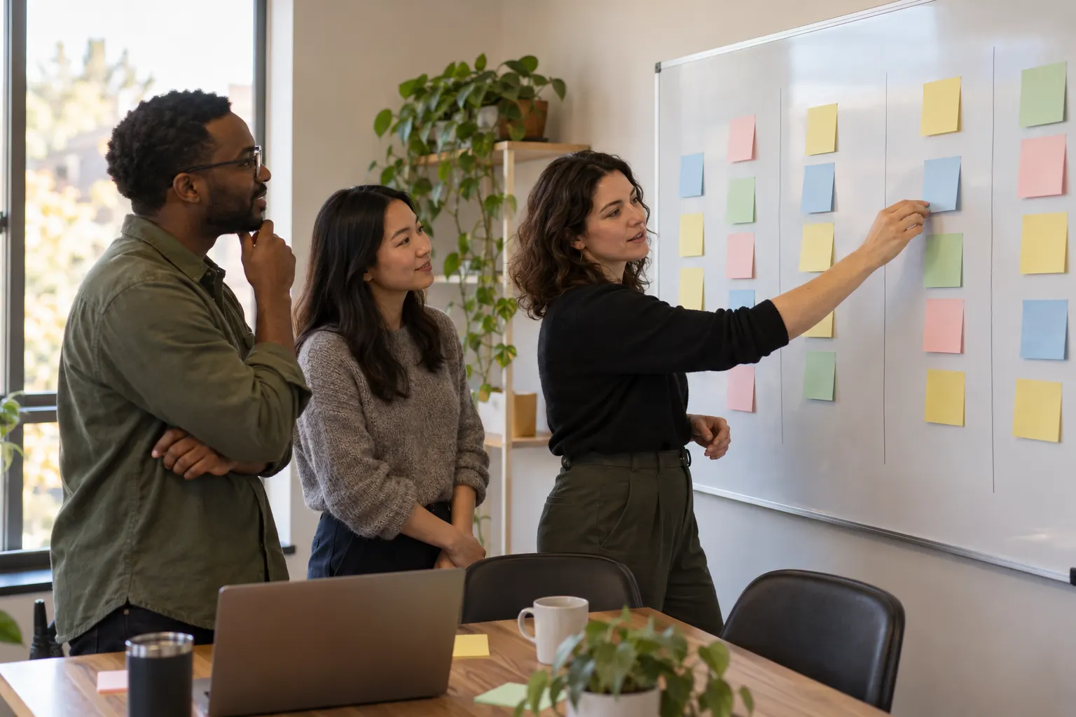 A manager moves a sticky note on a whiteboard while two teammates watch in a small meeting room
