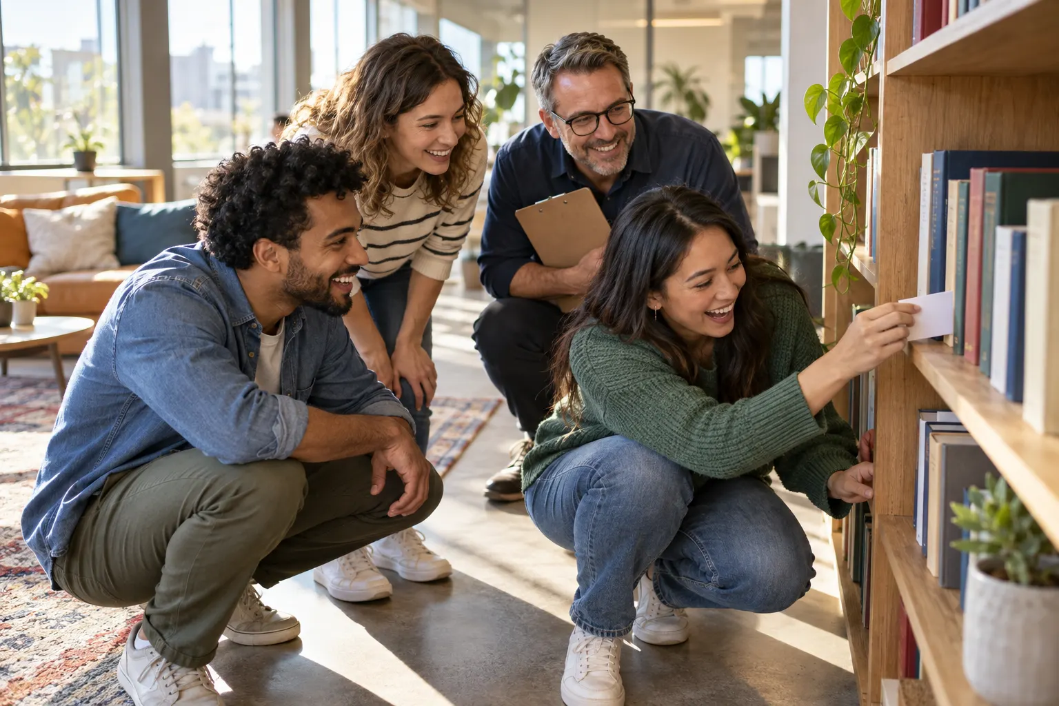 Four coworkers crouch by an office bookshelf as one of them pulls out a hidden clue card.