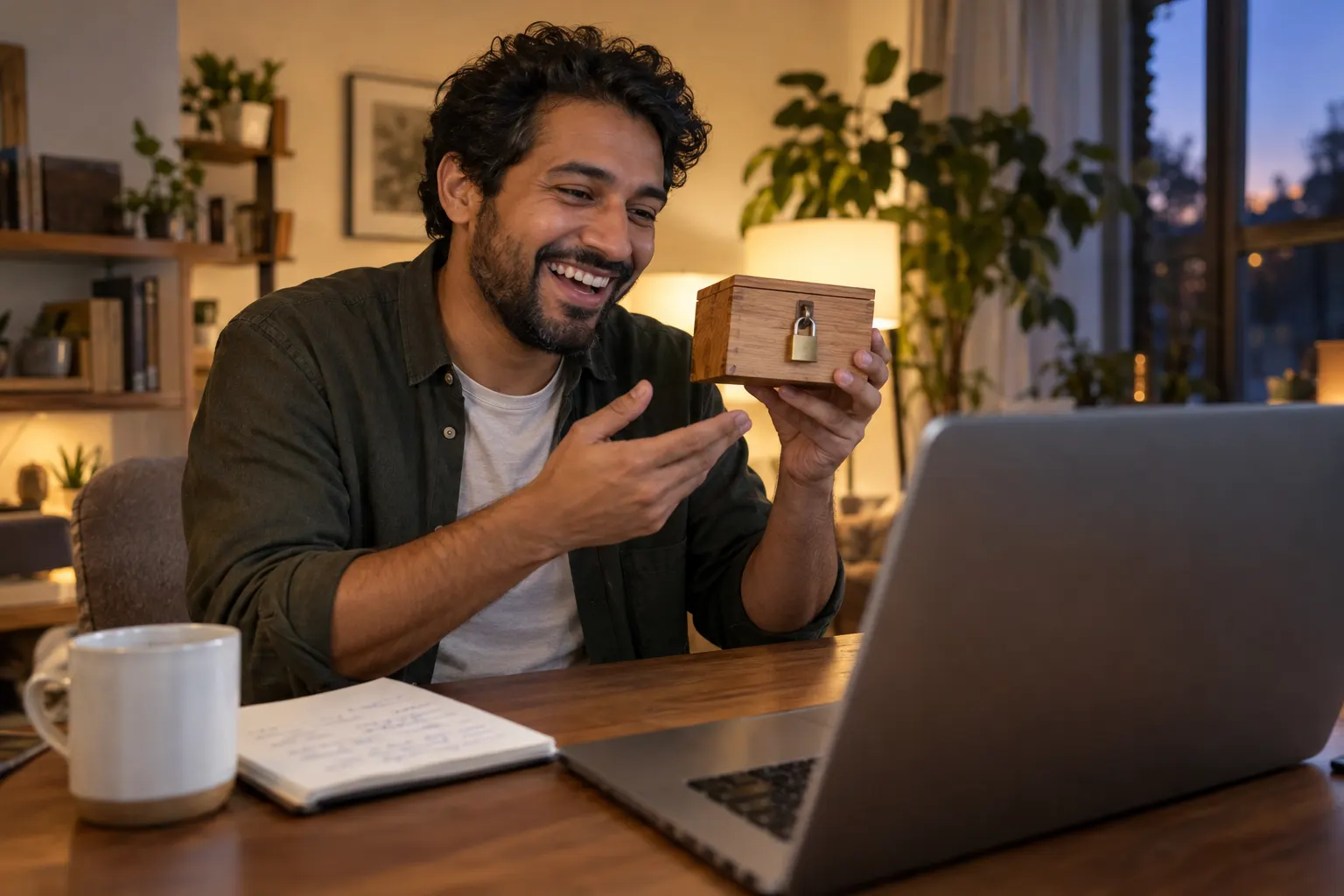 A remote employee laughs and holds a small locked wooden box up to his laptop camera during a video call.