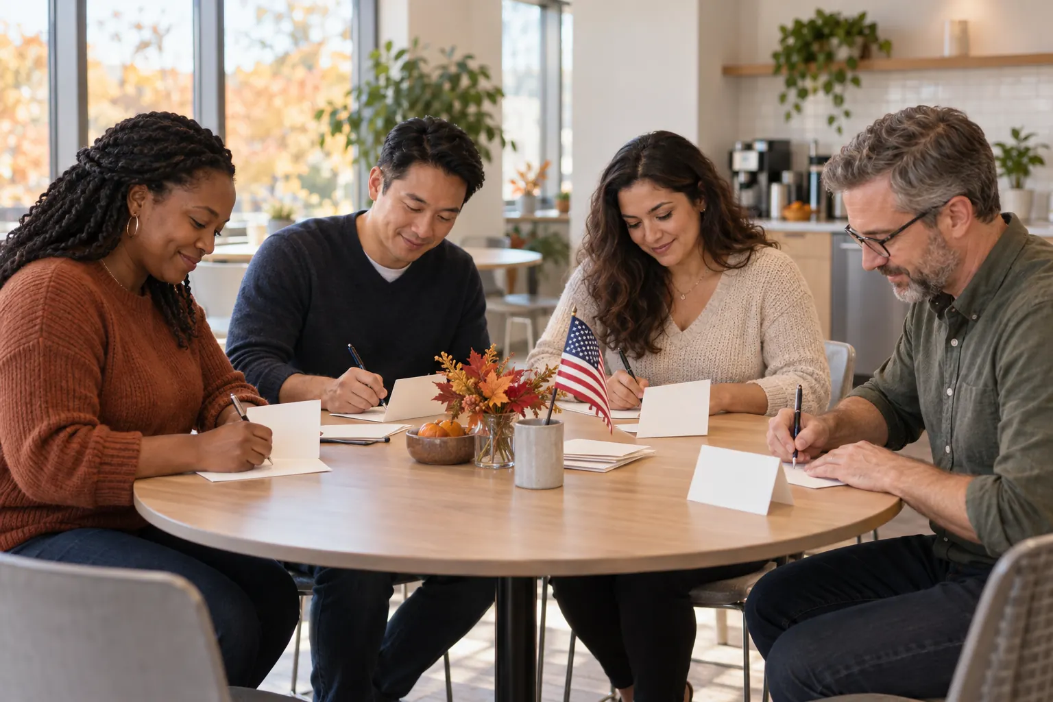 Four coworkers writing thank-you cards at a round break room table with a small American flag.