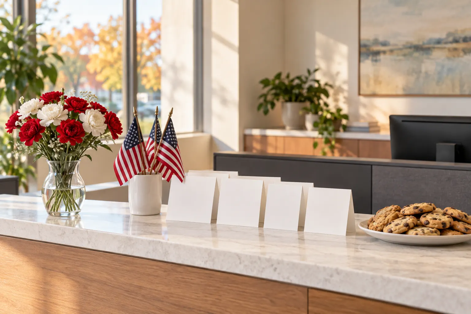 An office reception counter with red and white carnations, small American flags, blank cards and a plate of cookies.
