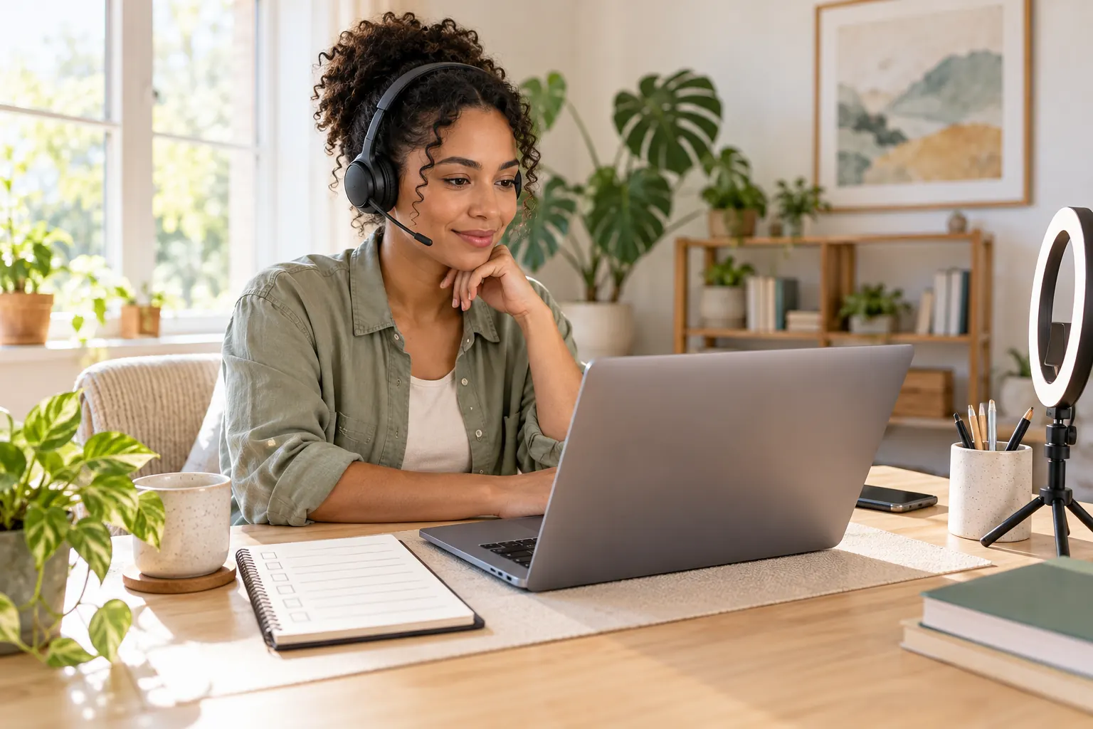A woman in a headset works at a laptop beside a ring light and a notebook of blank checkboxes.