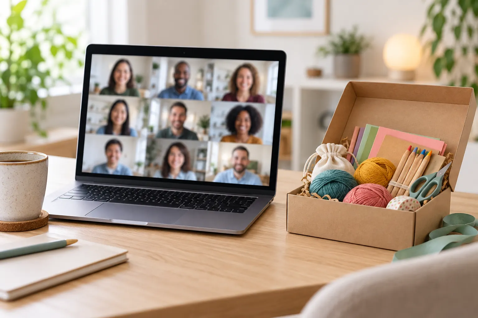 A laptop shows a grid of smiling faces on a video call next to an open craft kit box.