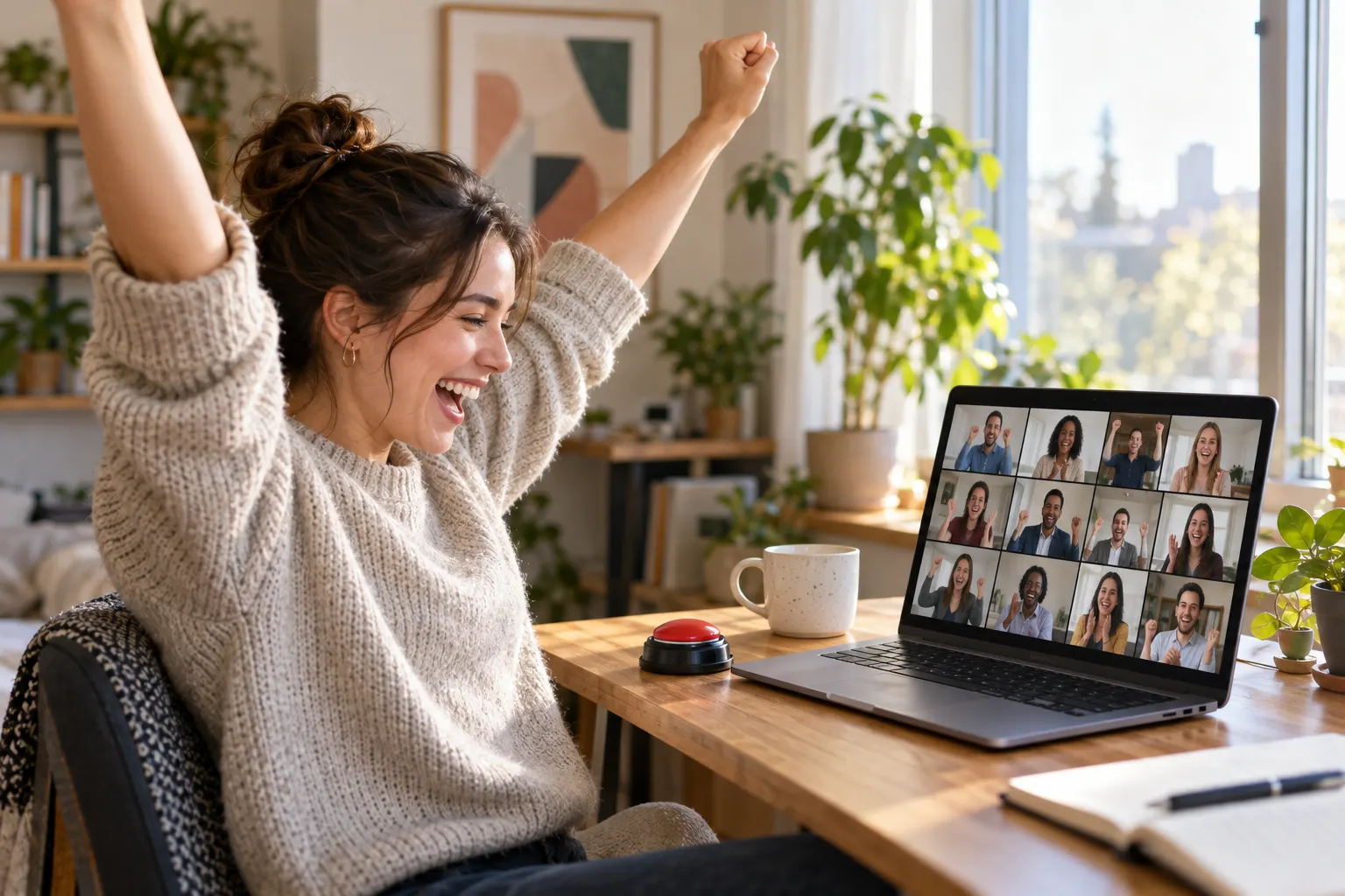 A remote employee raises both arms and laughs at her laptop, where coworkers cheer on a video call, a tabletop buzzer beside her