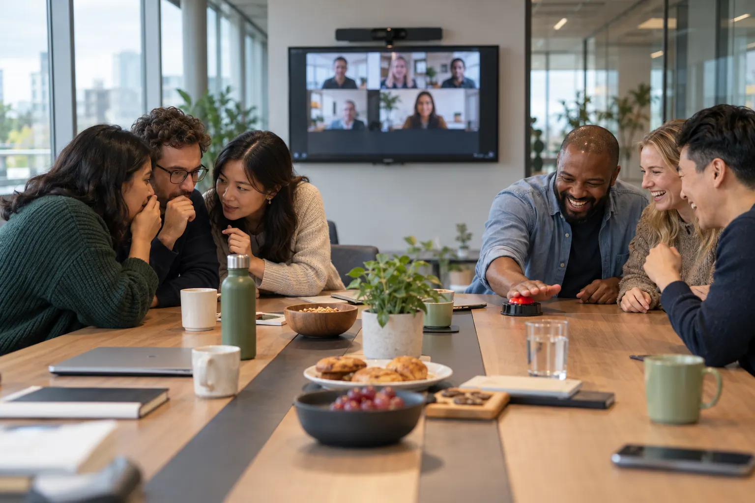 Two teams of coworkers in an office meeting room race to answer, one man hitting a tabletop buzzer while remote colleagues watch on a wall screen