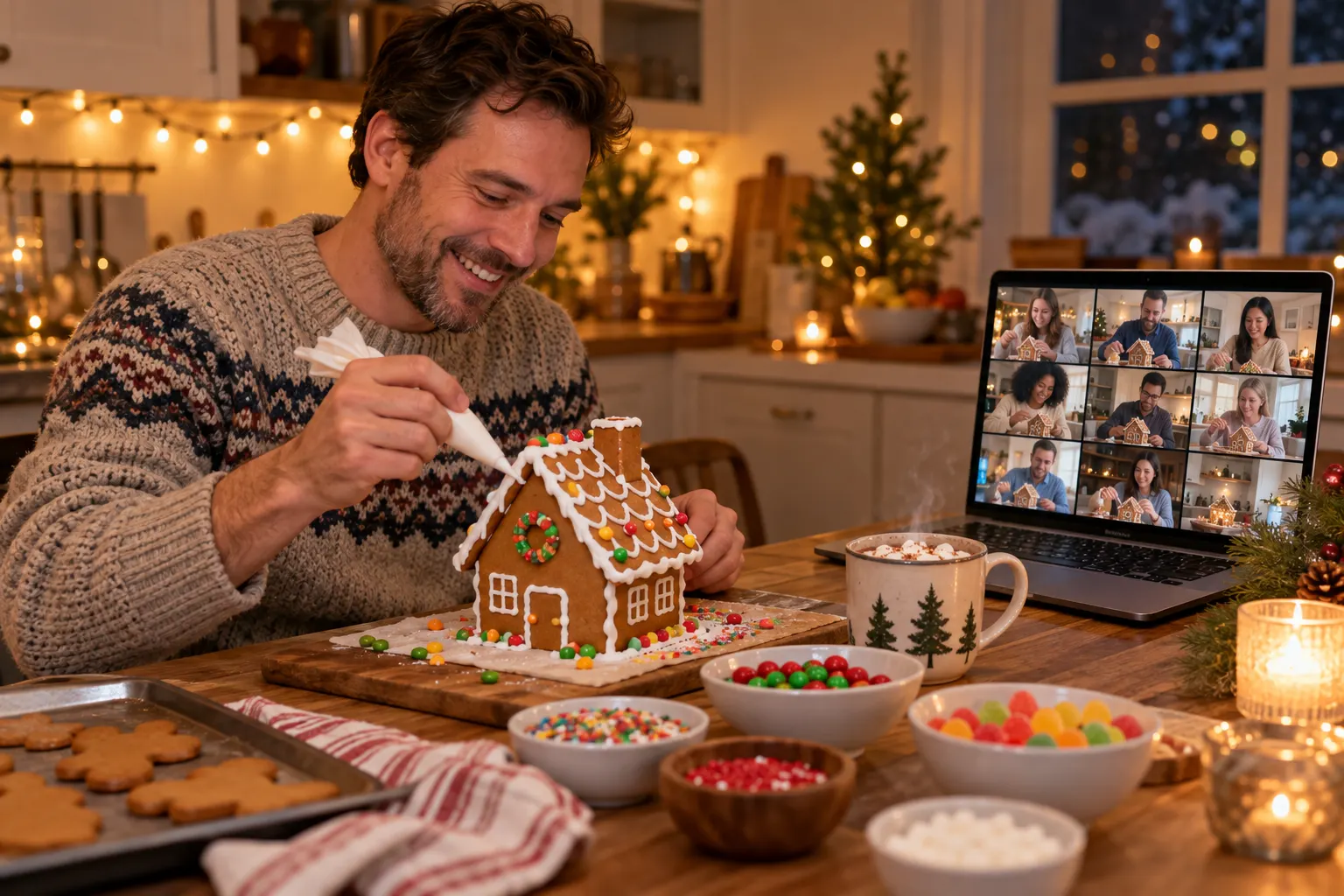 A remote employee in a sweater pipes icing on a gingerbread house while coworkers on a laptop video call do the same