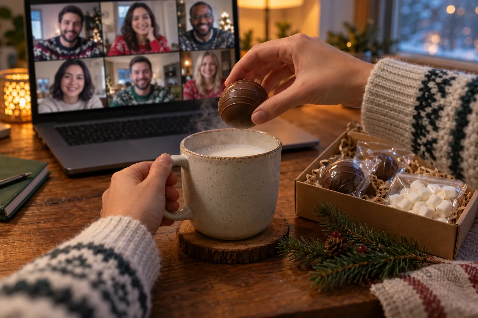 Hands hold a hot chocolate bomb over a mug of steaming milk next to an open kit box, with a coworker video call on the laptop behind