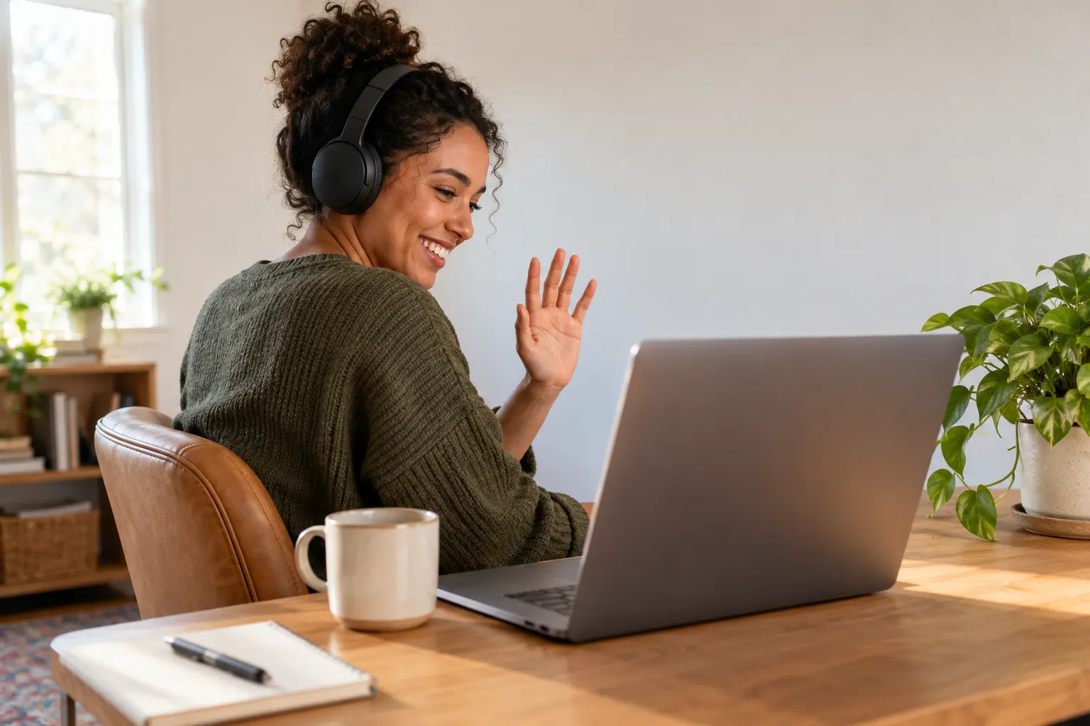 A woman with headphones waves at her laptop during a video call from a bright home office