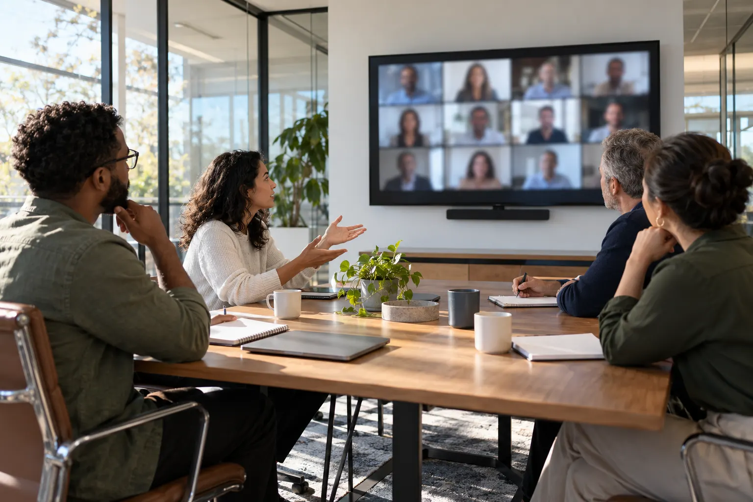 Four coworkers in a meeting room talk with remote colleagues shown on a wall screen