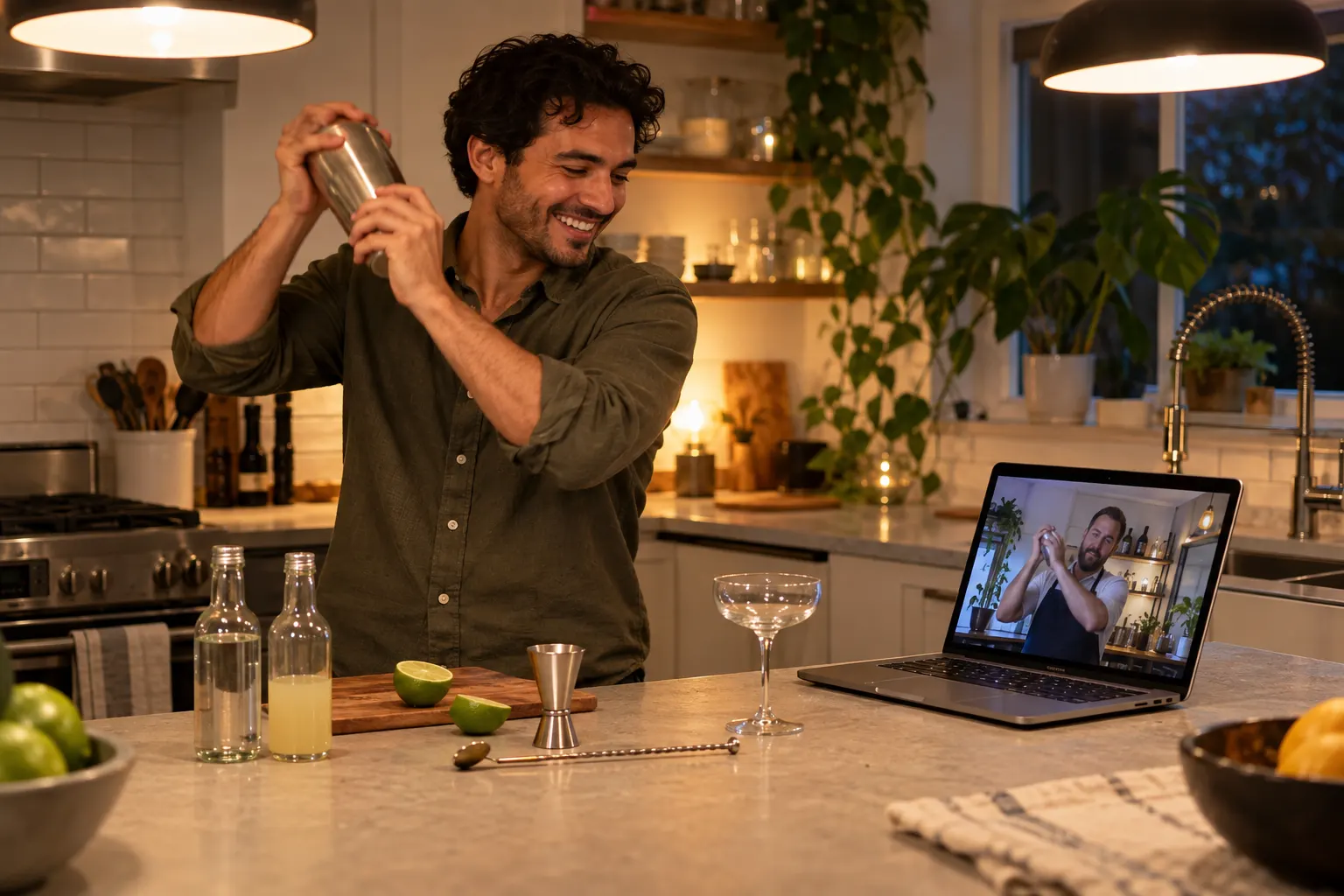A man shakes a cocktail at his kitchen counter while a bartender demonstrates on his laptop