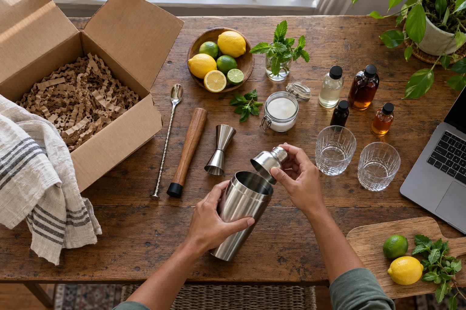 An opened cocktail kit on a table: shaker, jigger, muddler, citrus, mint, syrups and two tumblers