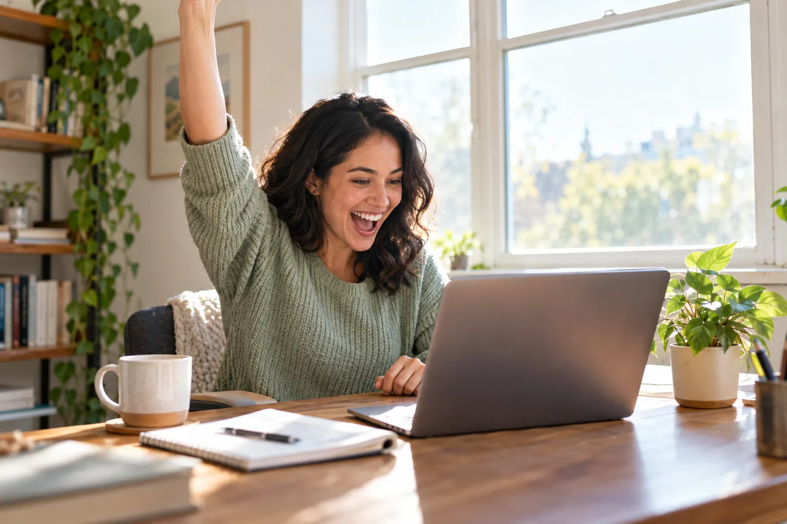 A woman in a green sweater cheers with one arm raised at her laptop in a sunny home office