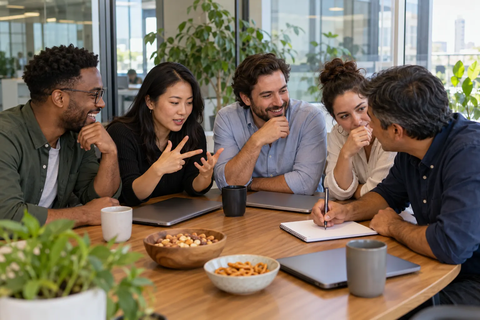 Five coworkers huddle around a conference room table discussing an answer, one writing on a notepad