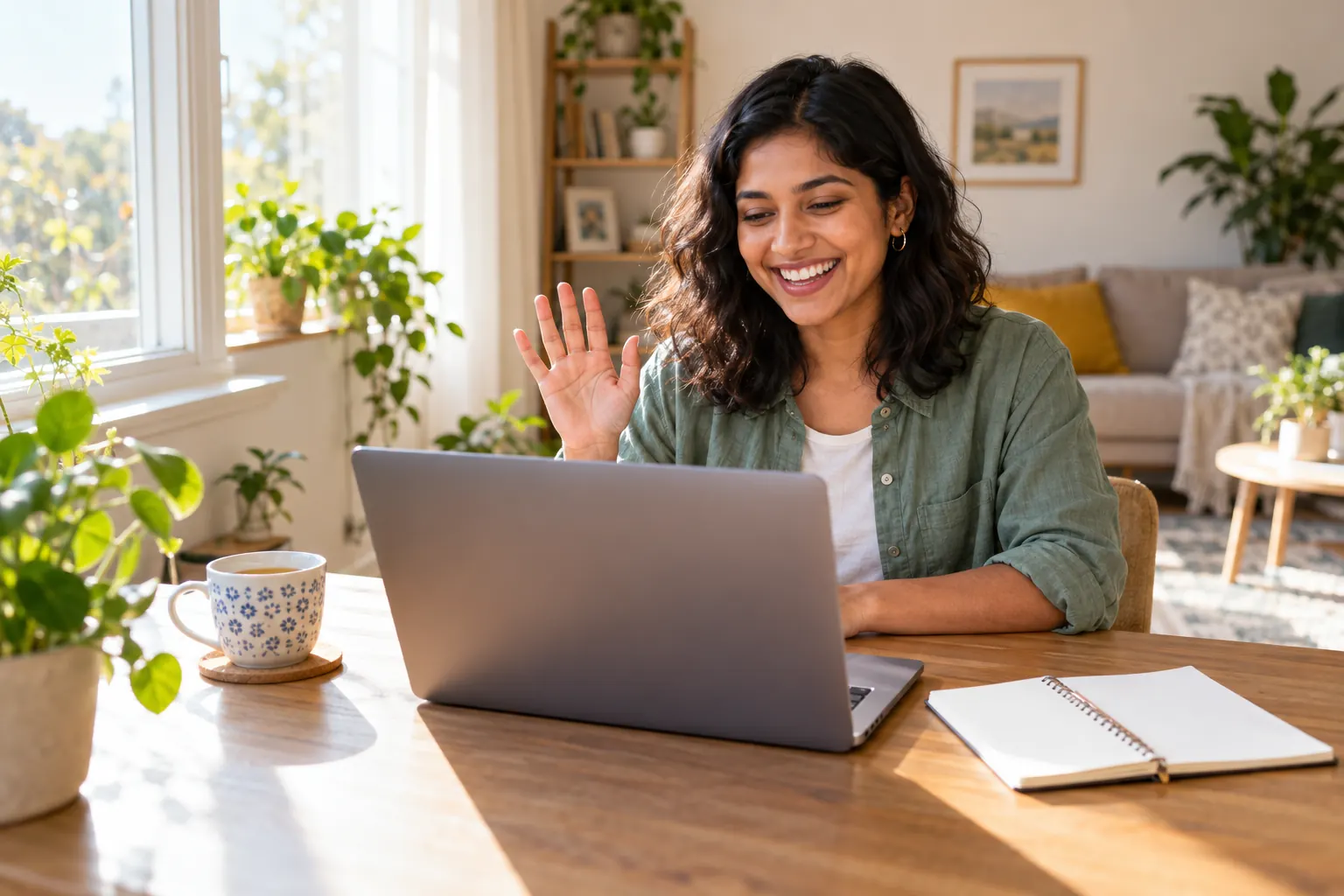 A smiling woman waves at a video call on her laptop at a sunny home desk.