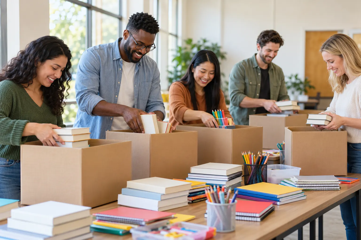 Five coworkers pack books, notebooks and colored pencils into cardboard boxes at a long table.