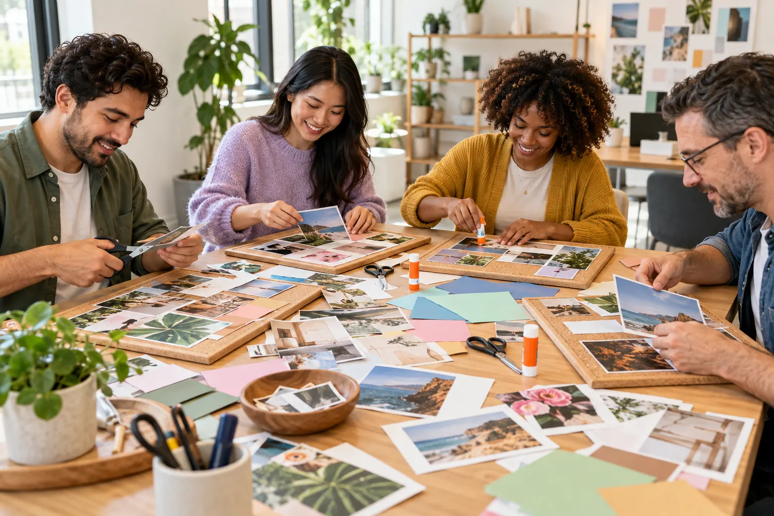 Four coworkers at a table cut and glue printed photos onto cork boards.