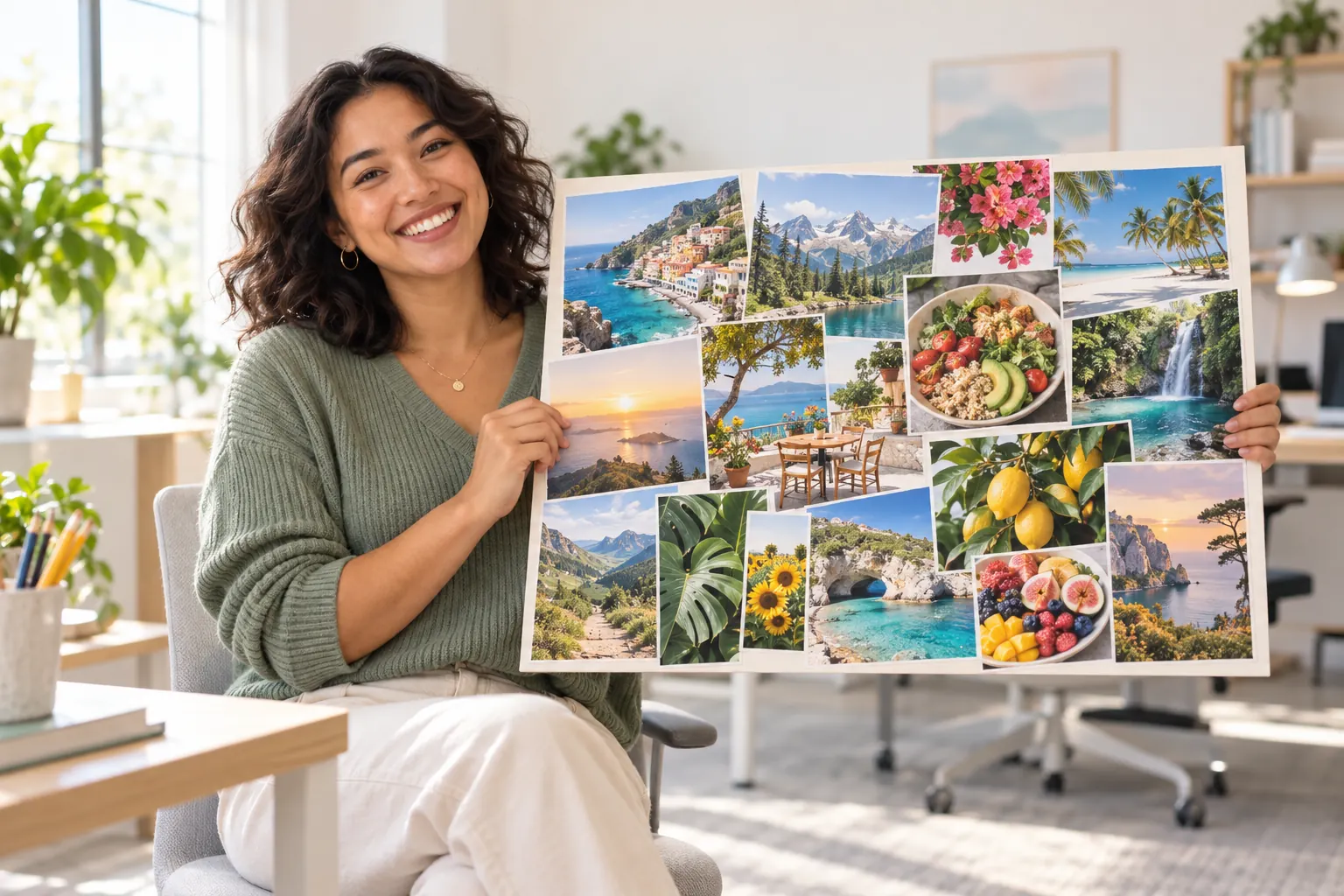 A smiling woman in a bright office holds up a collage of travel, nature and food photos.