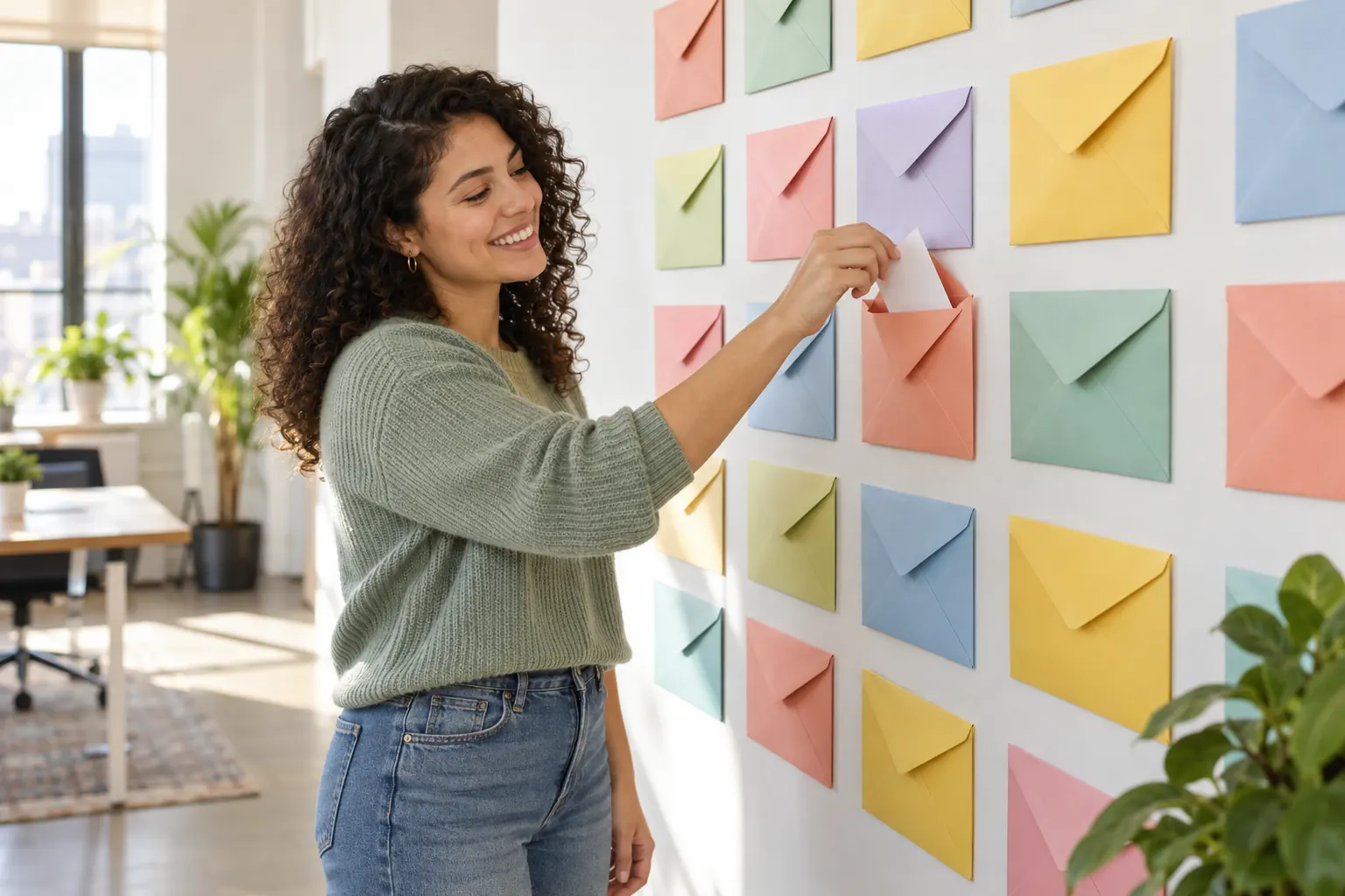 A smiling woman slips a handwritten note into one of many colorful paper envelopes taped to an office wall.