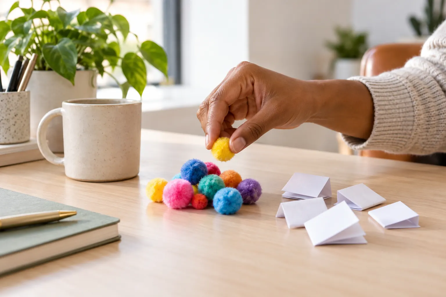 A hand picks up a yellow pom-pom from a pile of colorful pom-poms beside folded paper notes on a desk.