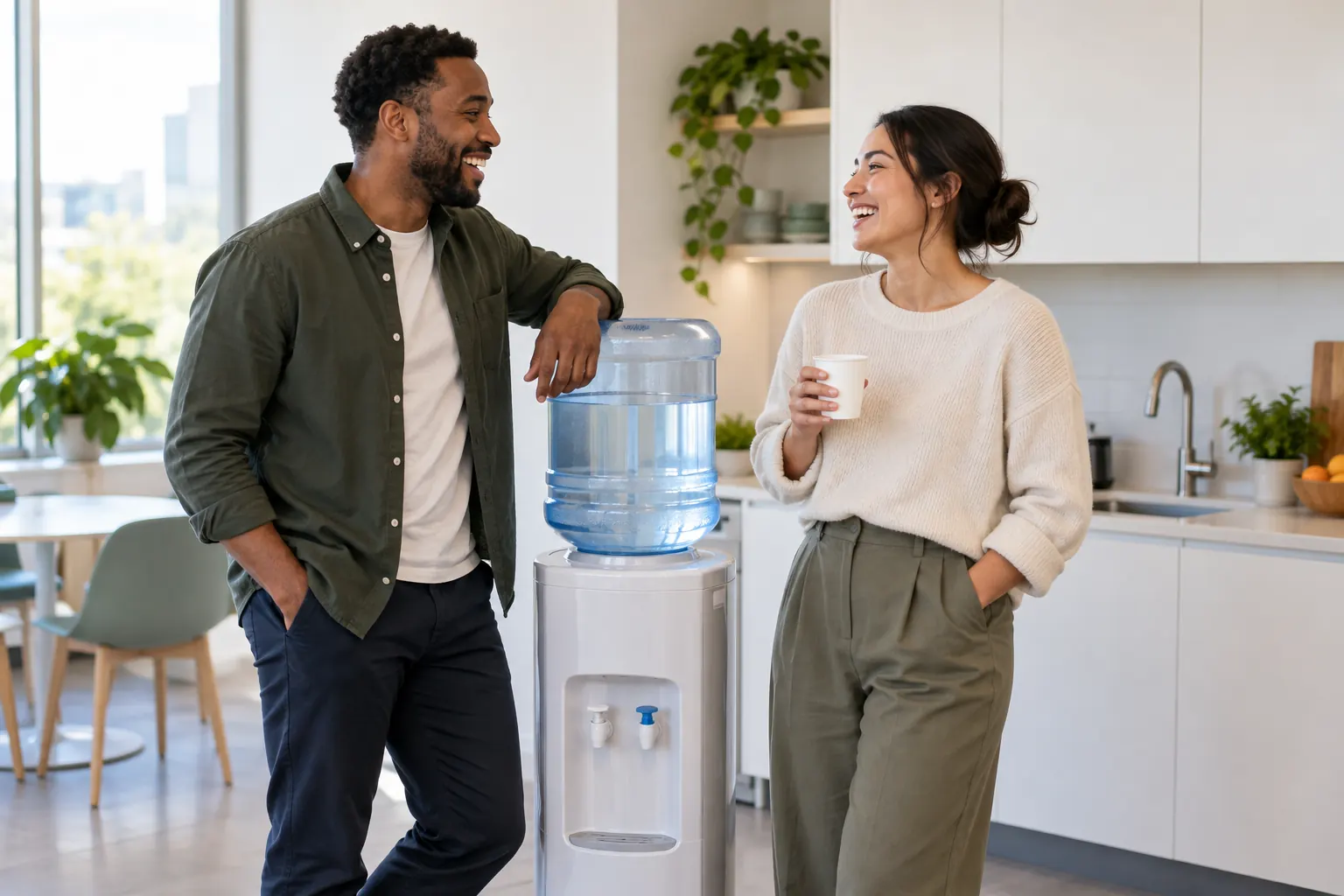Two coworkers laugh together beside a water cooler in a bright office kitchen, one holding a paper cup.
