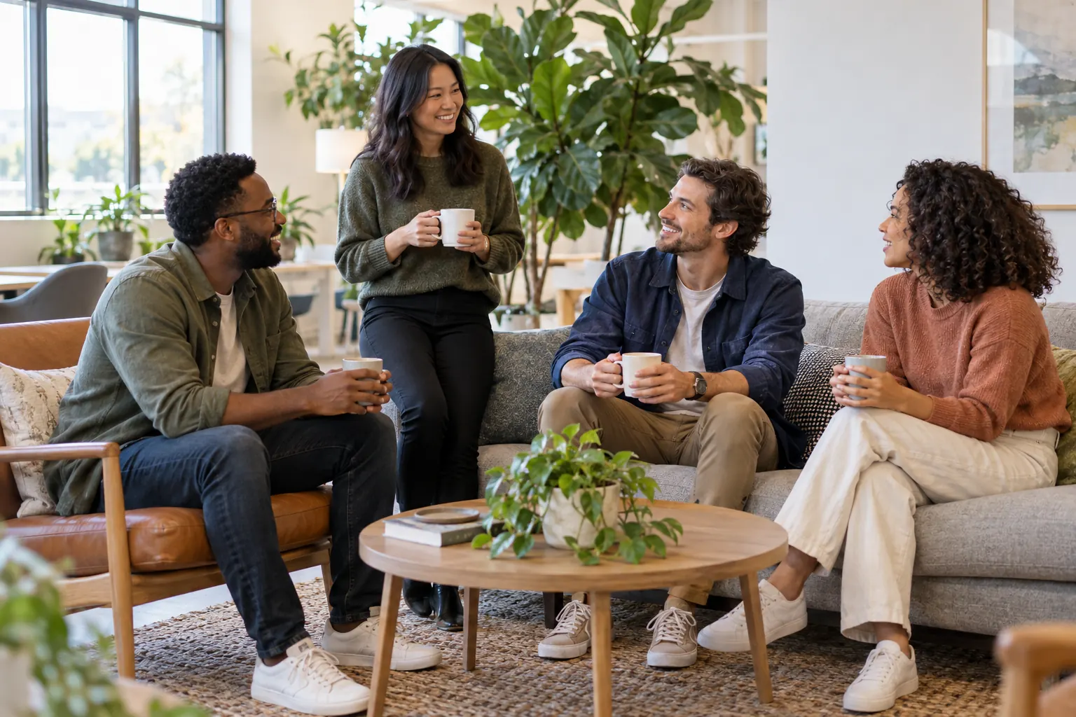 Four coworkers chat over coffee mugs on a sofa and armchair in an office lounge full of plants.