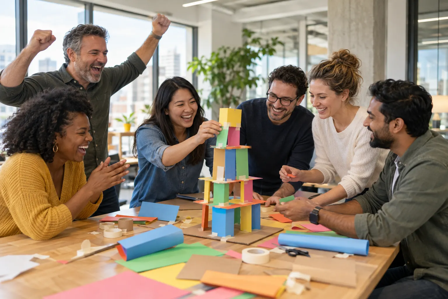 Six coworkers laugh and cheer as they build a tower of colored paper and tape around an office table