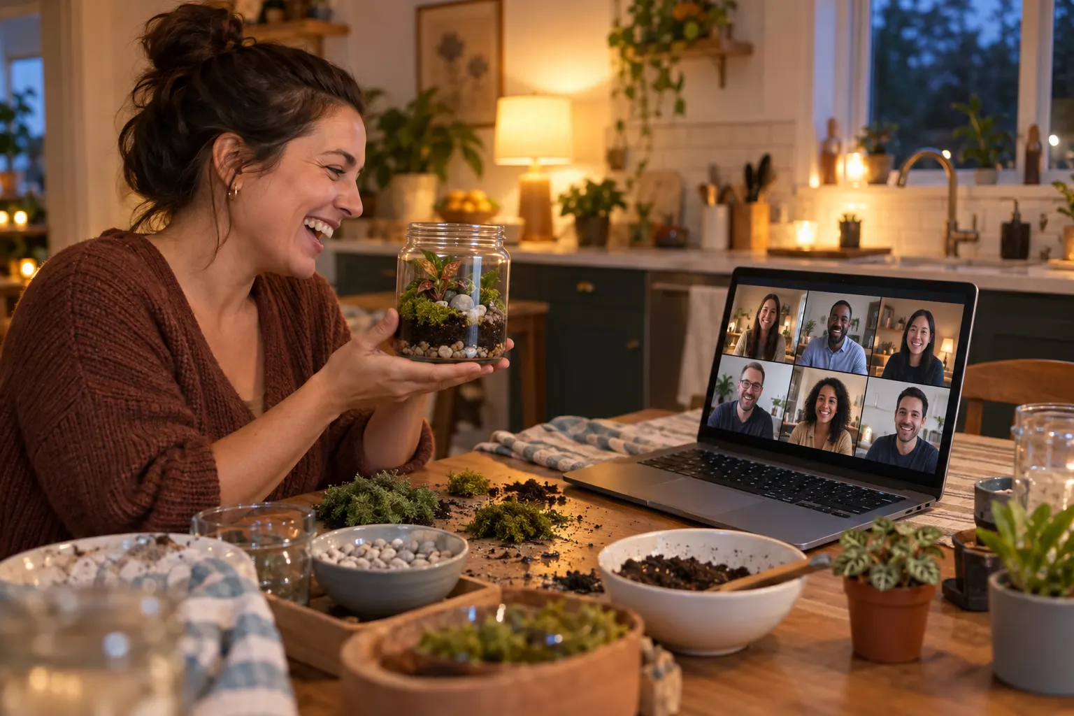 A woman at her kitchen table laughs on a video call with coworkers as she holds up the small glass terrarium she just made