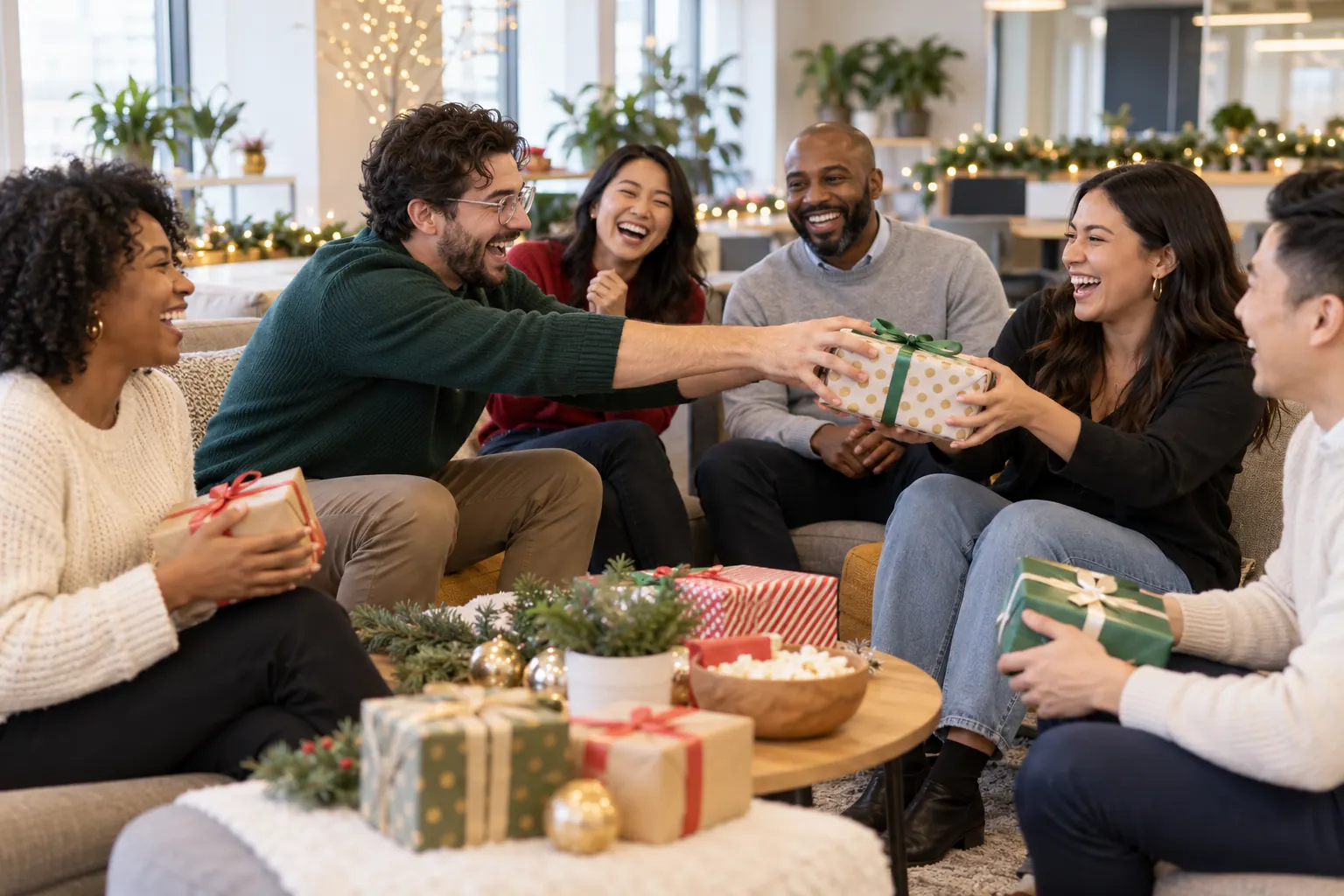 Coworkers sit in a circle at an office holiday party, laughing as one takes a wrapped gift from another.