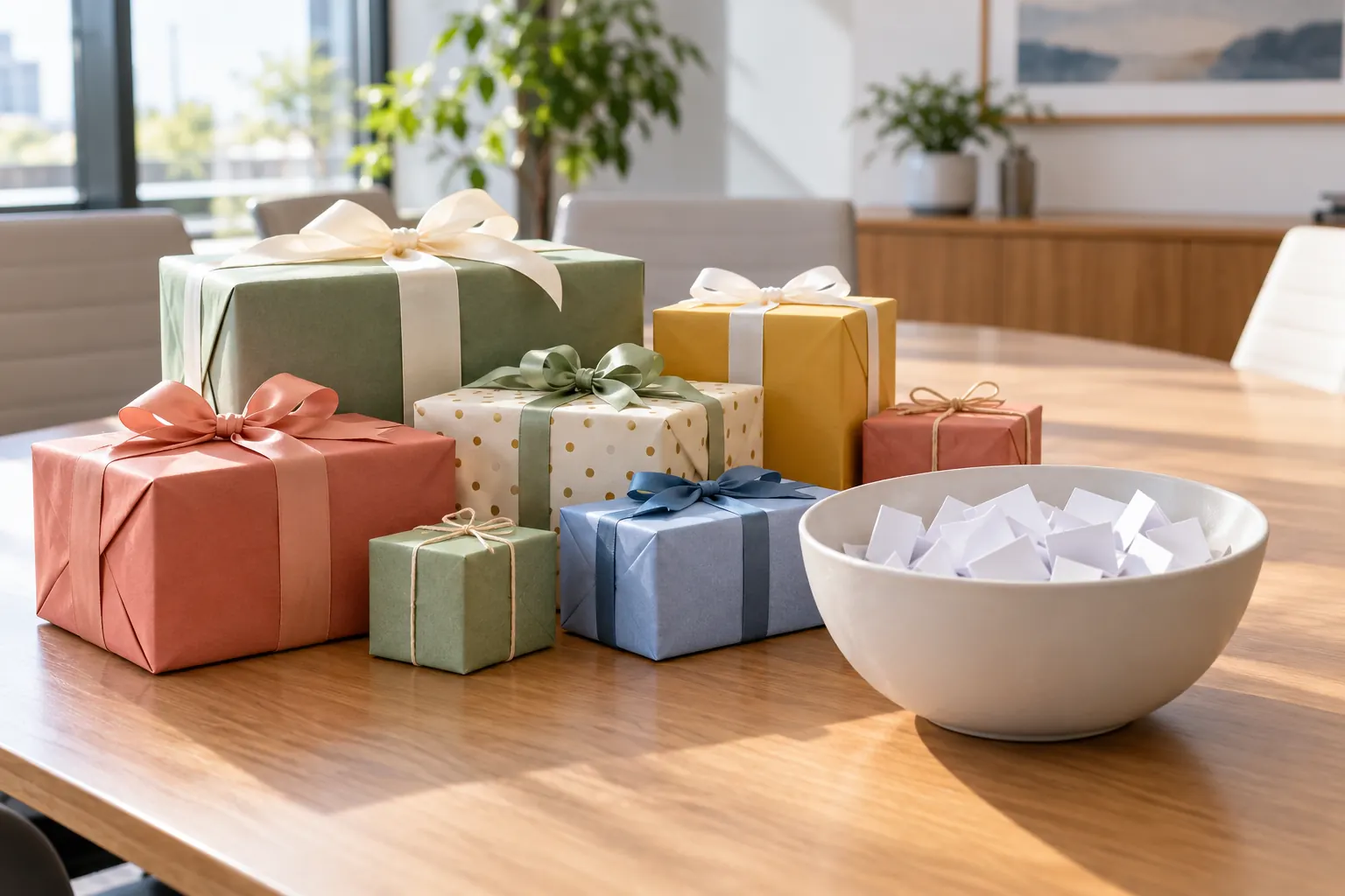 A pile of colorful wrapped gifts on a conference table beside a bowl of folded paper tickets.