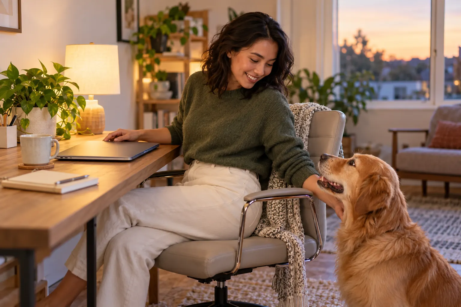 A woman at her home desk closes her laptop at sunset and turns to pet her golden retriever.