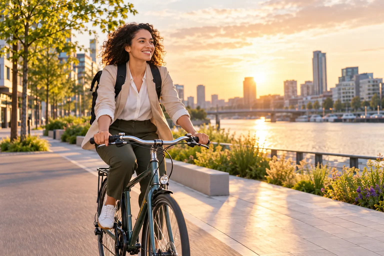 A smiling woman cycles home along a riverside path at sunset with her work bag on her back.