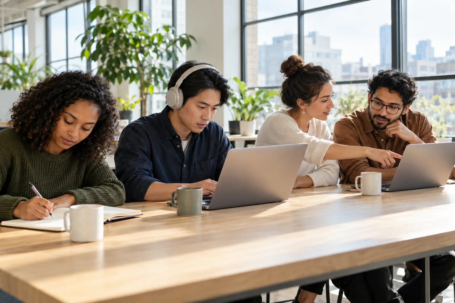 Four coworkers share a long desk: one writes in a notebook, one types with headphones on, and two talk over a laptop