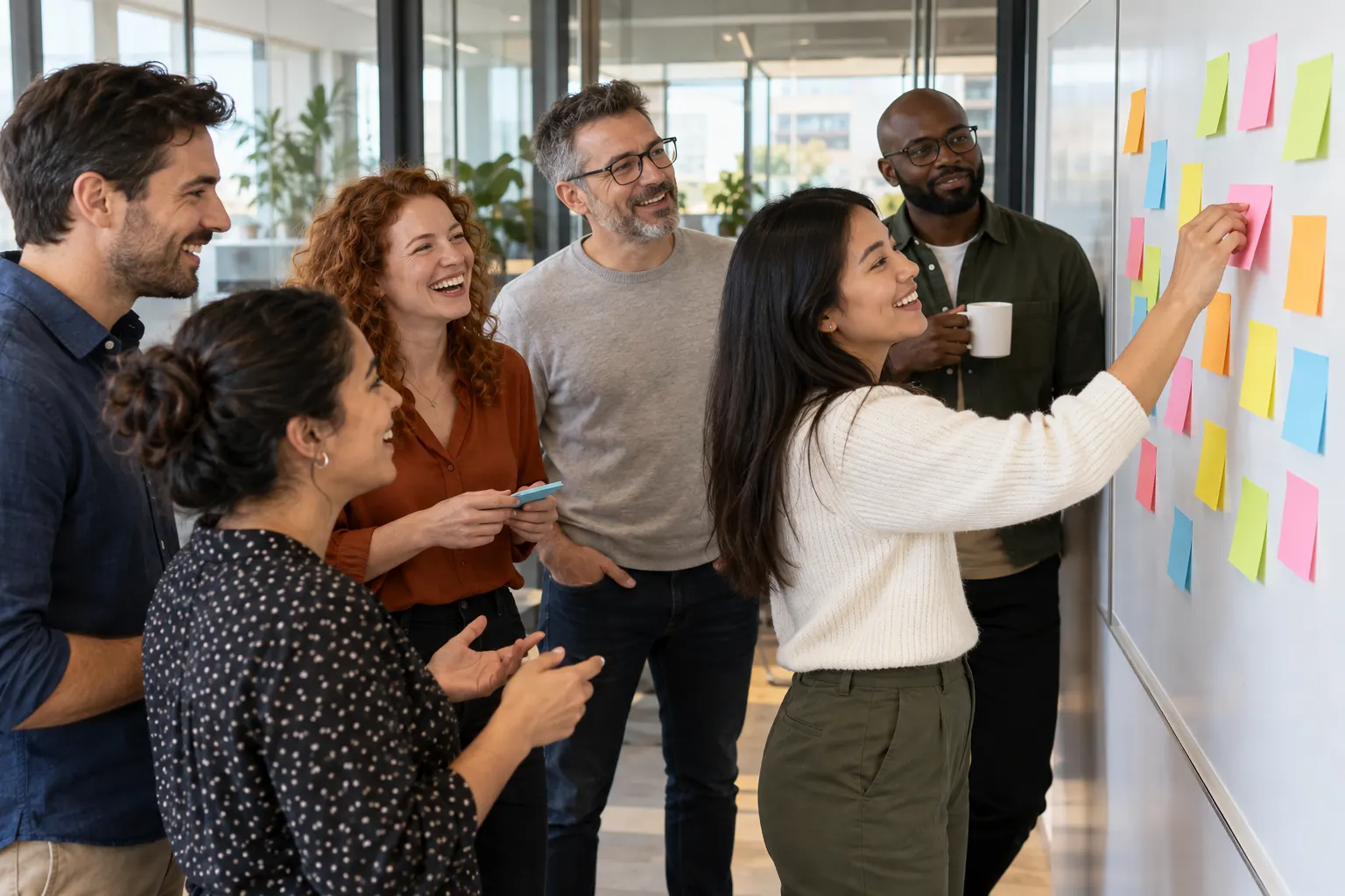 Six coworkers gather at a wall of colored sticky notes, one adding a note while the others laugh and talk