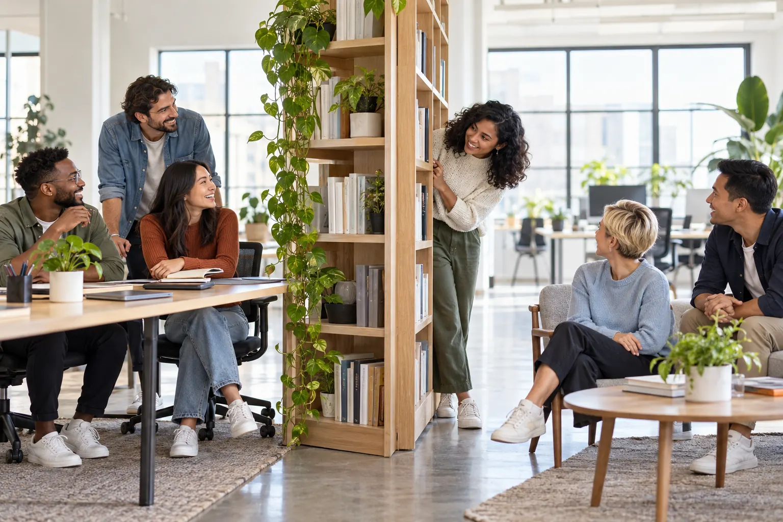 Two groups of coworkers work apart in an open office while one person leans around a tall bookshelf to talk to the other group.