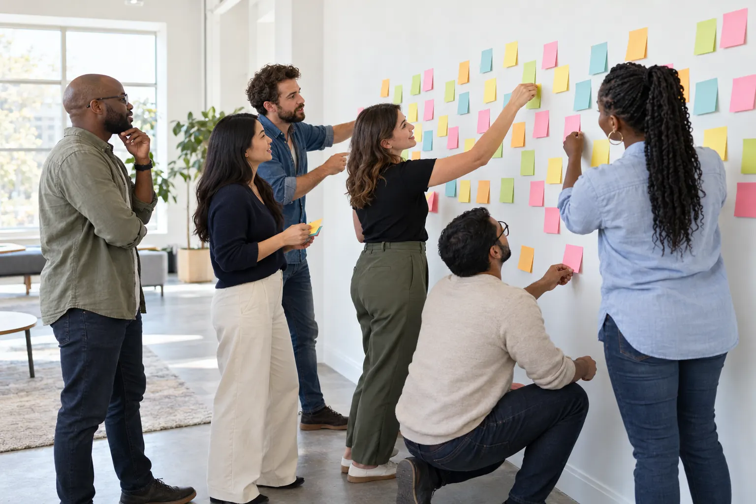 Coworkers from different groups map a process together on a long wall covered in colored sticky notes.