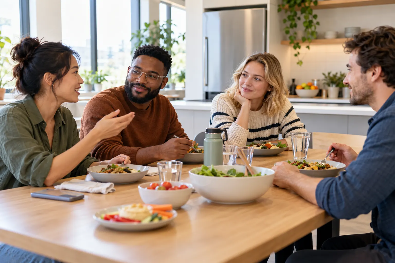 Four coworkers share lunch at a wooden table in a bright office kitchen, one talking while others listen.