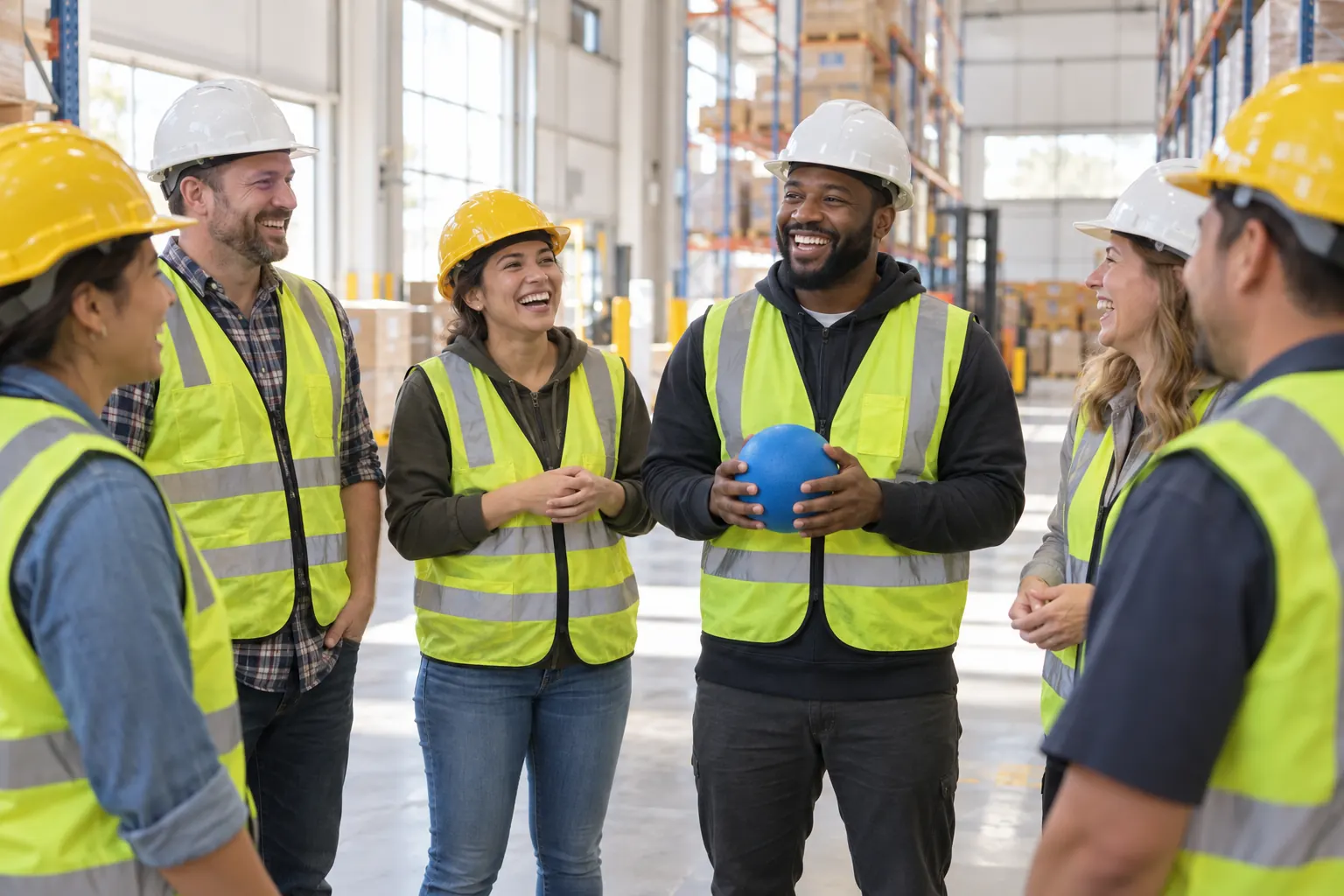 Warehouse workers in hard hats and hi-vis vests laugh in a huddle while one holds a blue ball.