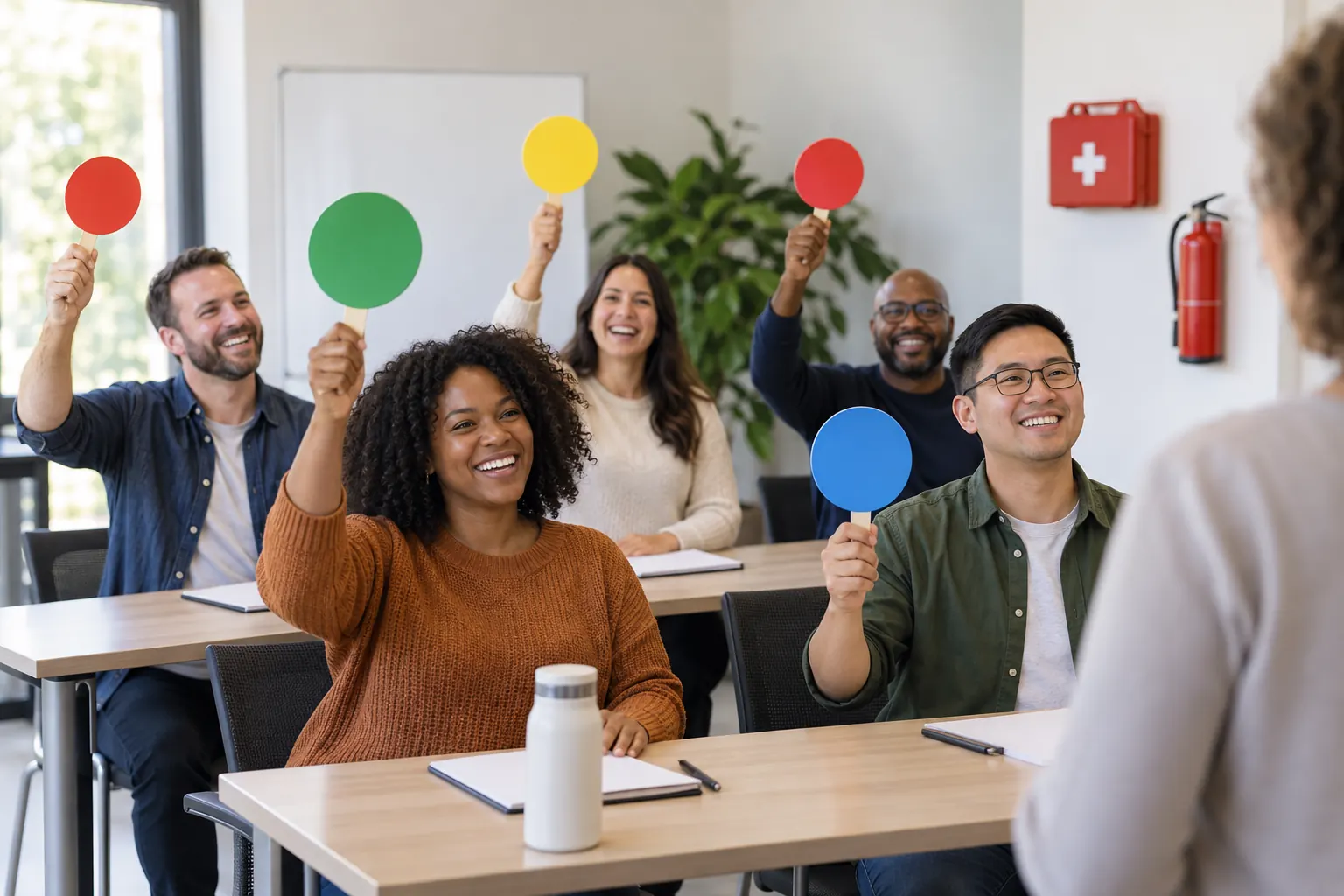 Coworkers in a training room raise colored paddles, with a first aid kit and fire extinguisher on the wall.